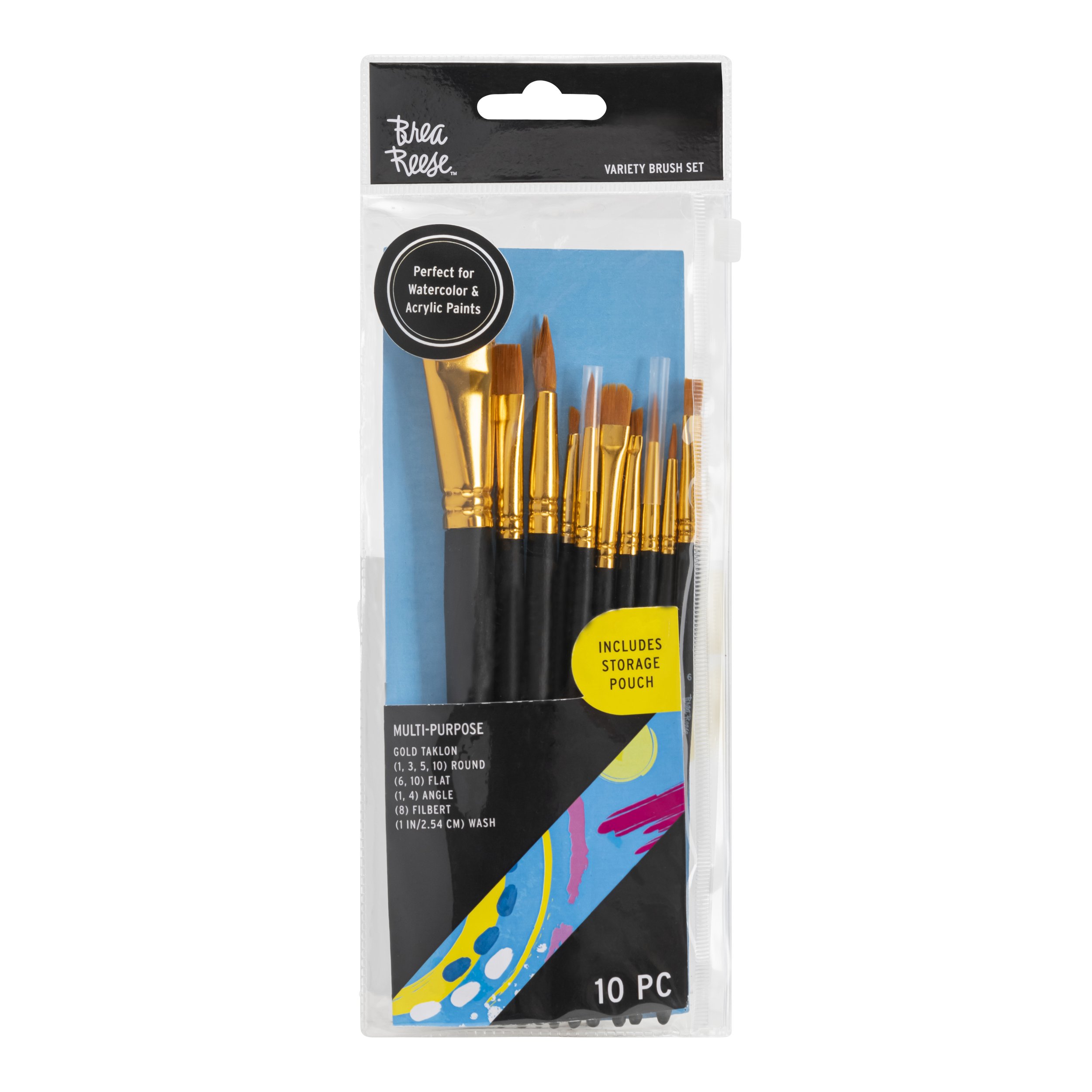 Set of 10 multi-purpose paint brushes with black handles, gold ferrules, and varying brush tips, packaged in a clear plastic pouch labeled 'Breaa Reese' for watercolor and acrylic paints.