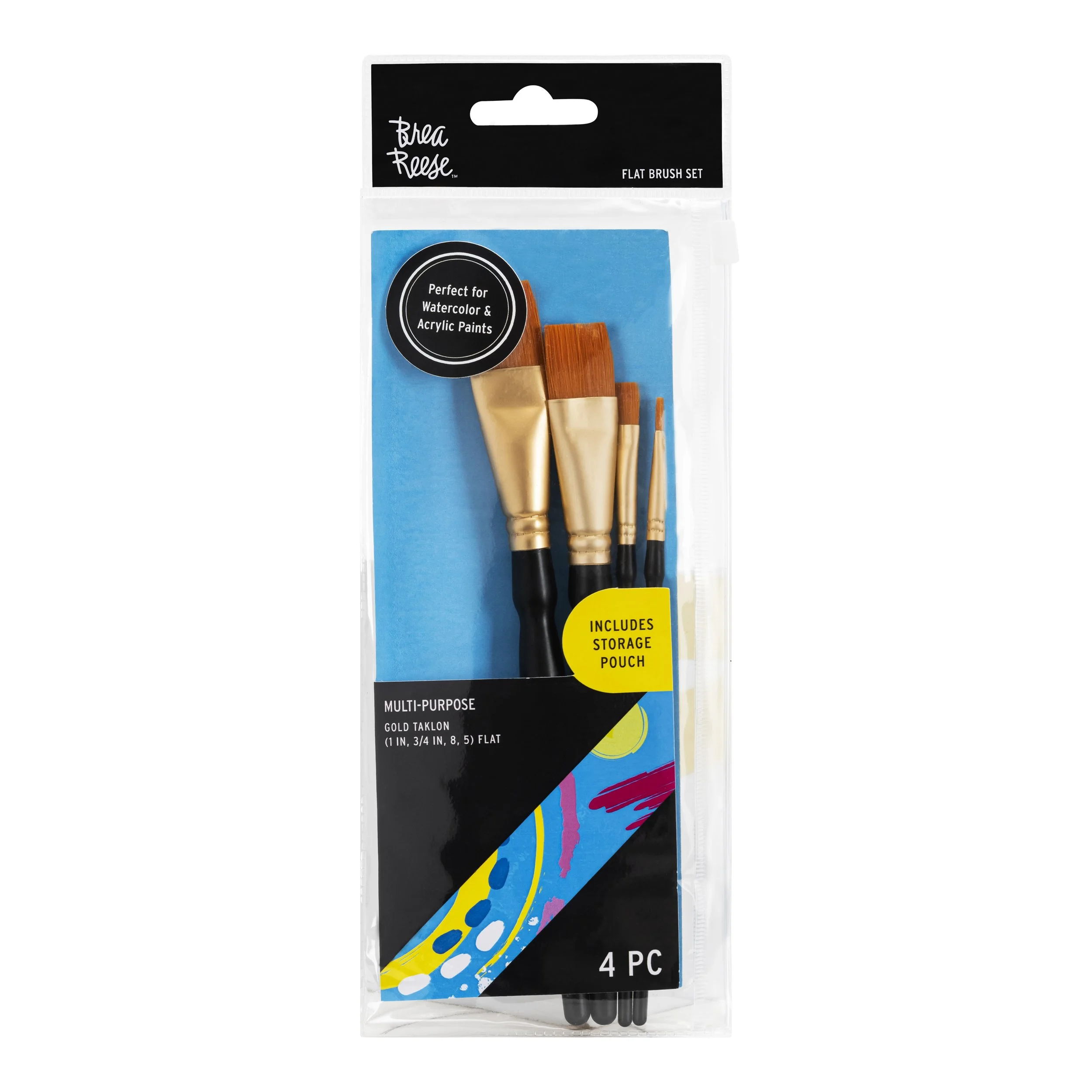 Set of four flat paint brushes with black handles, gold ferrules, and various sizes of flat bristles, packaged in a clear plastic case with a colorful label, suitable for watercolor and acrylic paints.