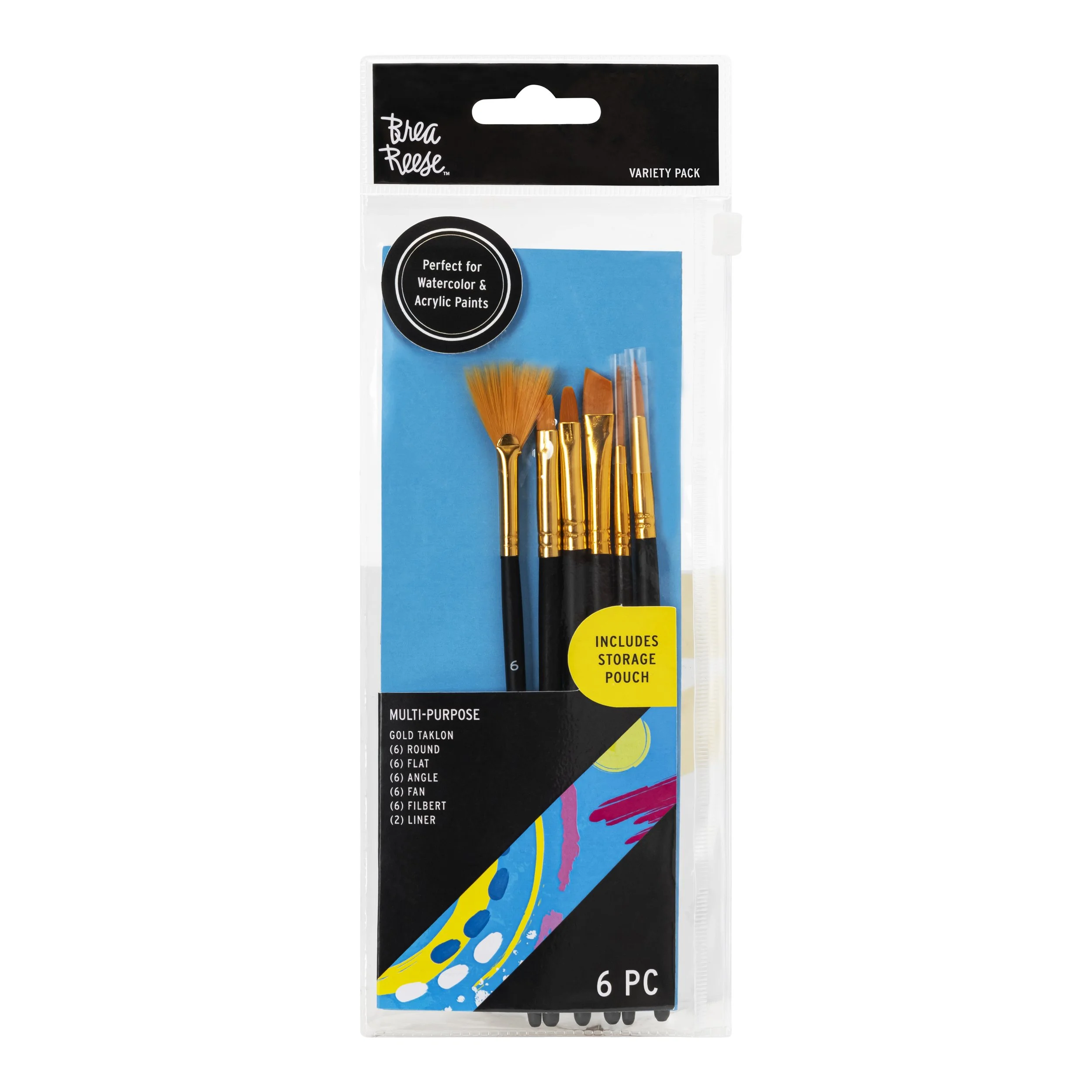 A set of six multi-purpose paintbrushes with gold ferrules and black handles in a plastic packaging. The package includes storage pouch and is labeled for watercolor and acrylic paints.