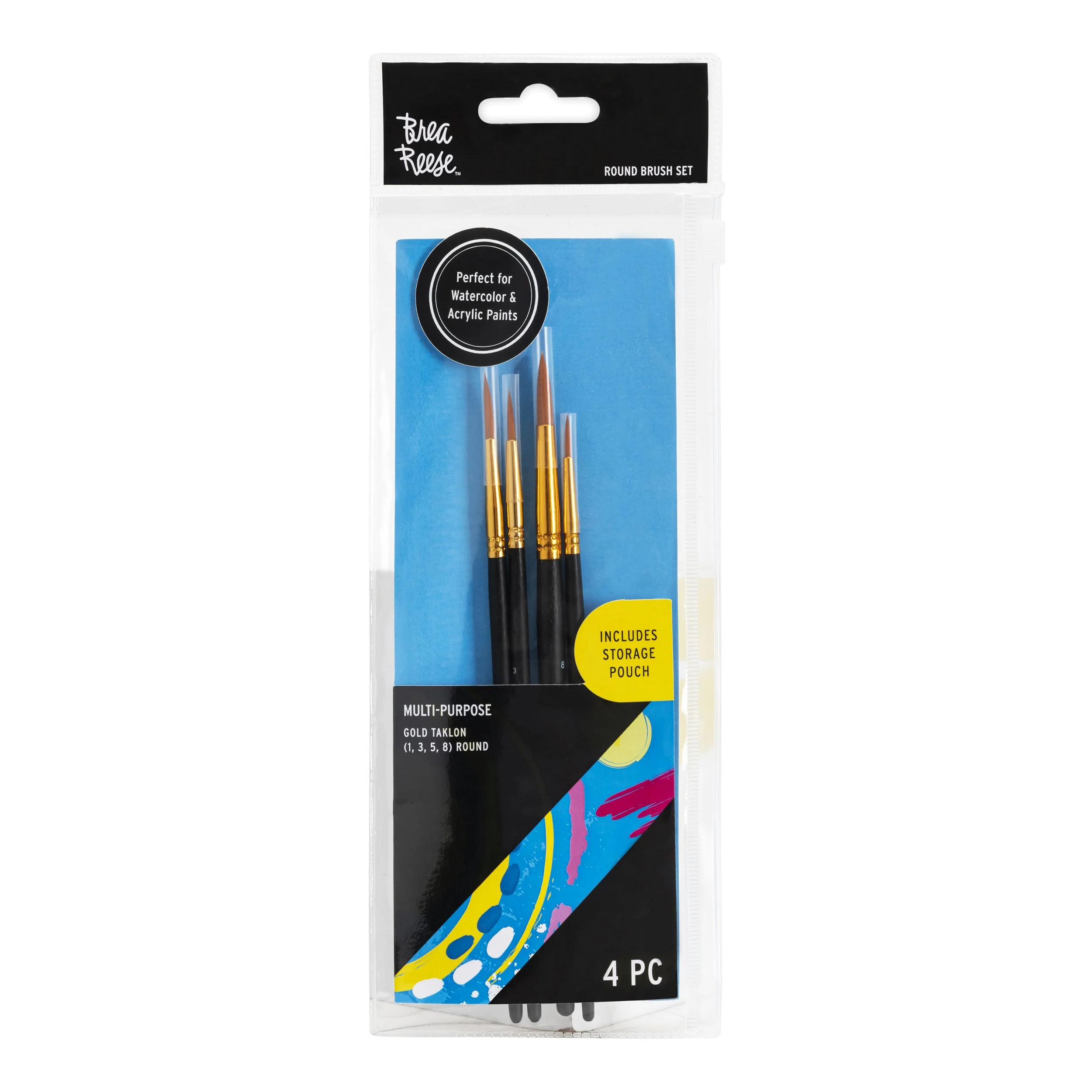 Set of four multi-purpose round paintbrushes with black handles, gold ferrules, and brown bristles in clear plastic packaging with blue, black, and yellow design, including storage pouch.