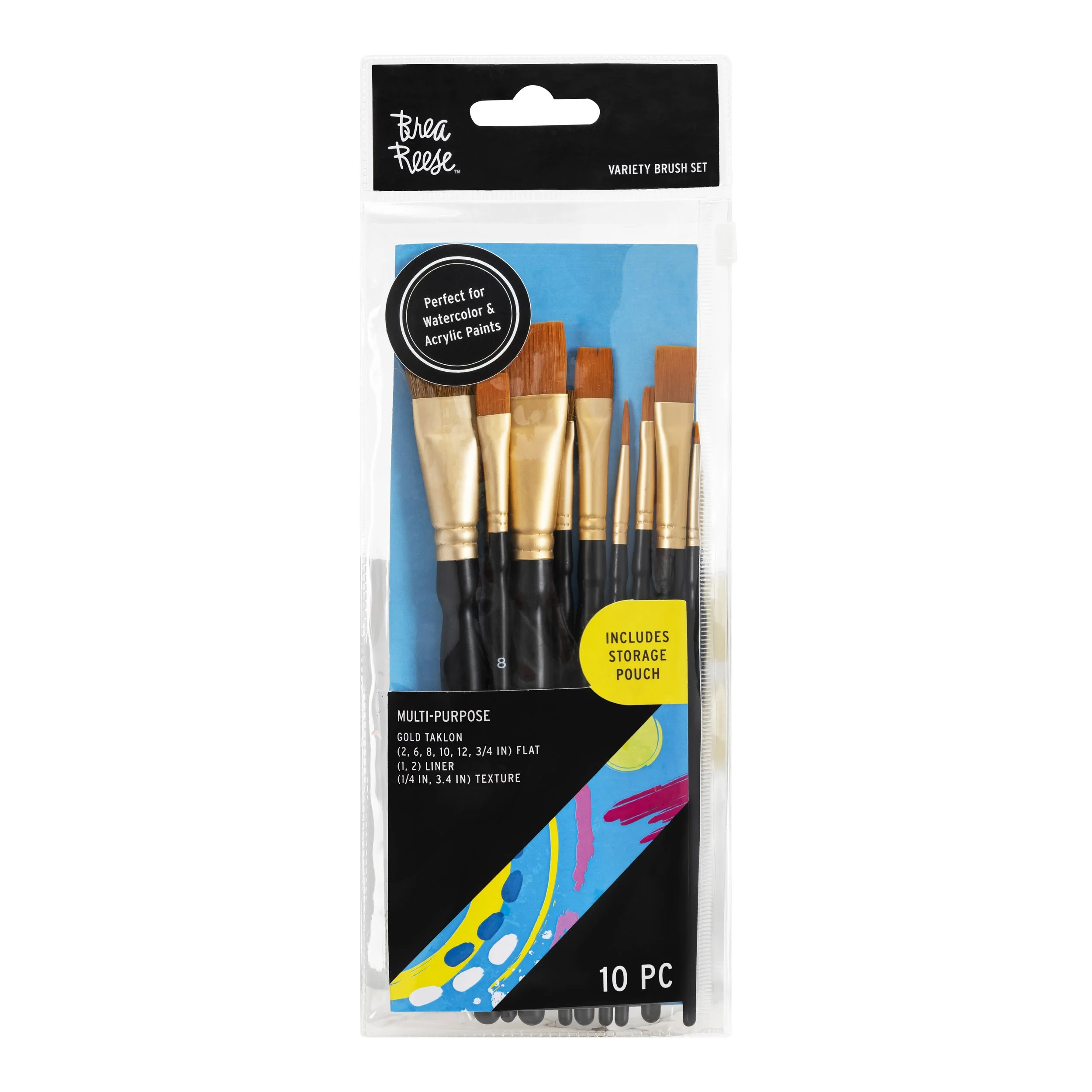 A set of 10 multi-purpose paintbrushes in a clear plastic package with black, blue, yellow, and pink decorative design elements. The brushes have black handles with gold ferrules and various tip shapes, suitable for watercolor and acrylic paints, and come with a storage pouch.