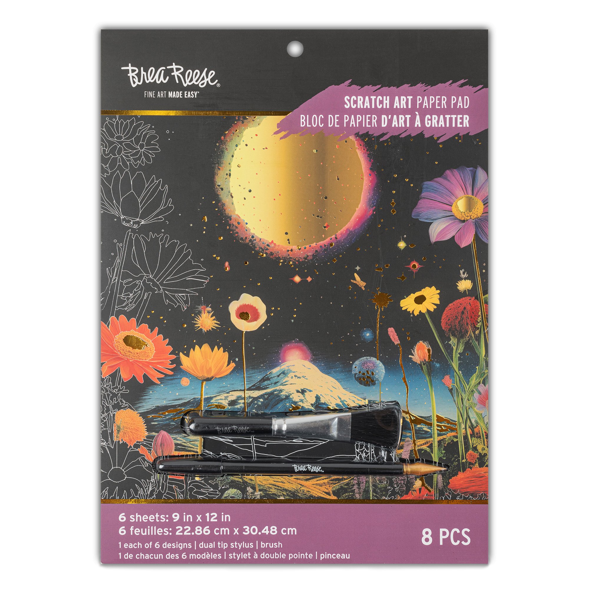 Pack of 8 RaeReese scratch art paper pads with colorful cosmic and floral illustrations on the packaging.