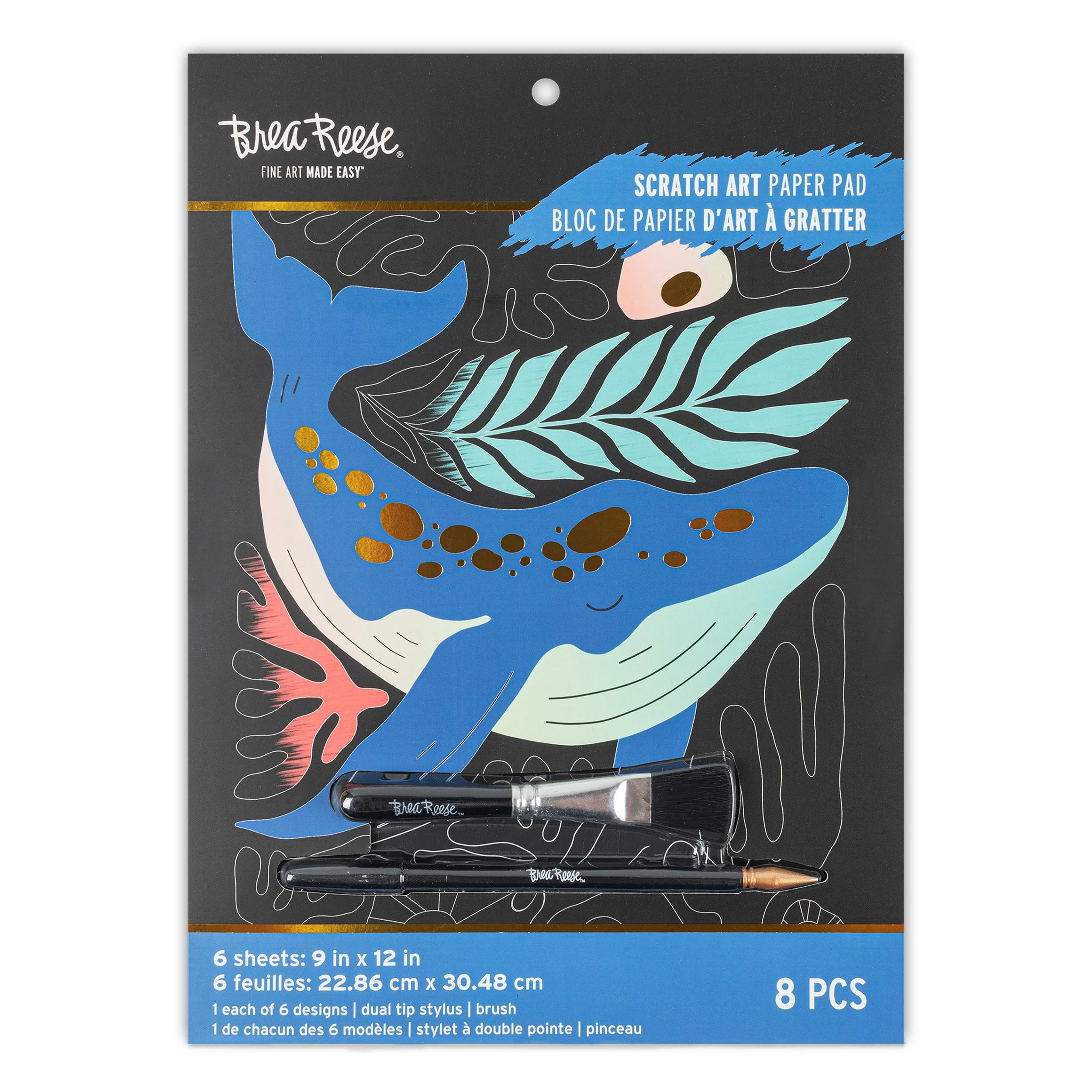 A pack of Breeze brand scratch art paper pads featuring colorful whale and ocean-themed illustrations.