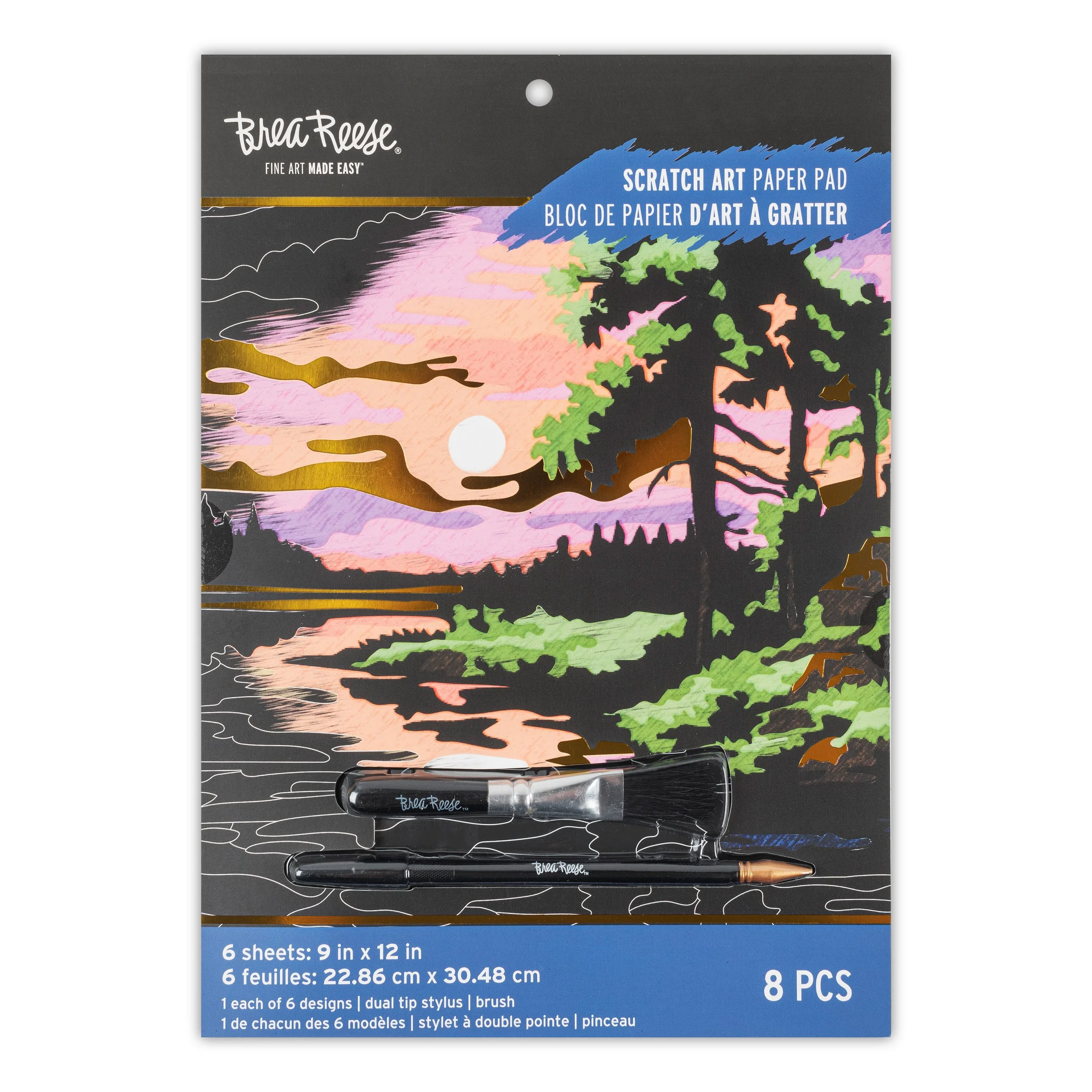 Scratch art paper pad with a colorful landscape of trees, mountains, and water, featuring a sunset or sunrise. The packaging includes the brand name 'Brea Reese' and indicates it contains 8 pieces of scratch art paper with dual tip stylus and brush.