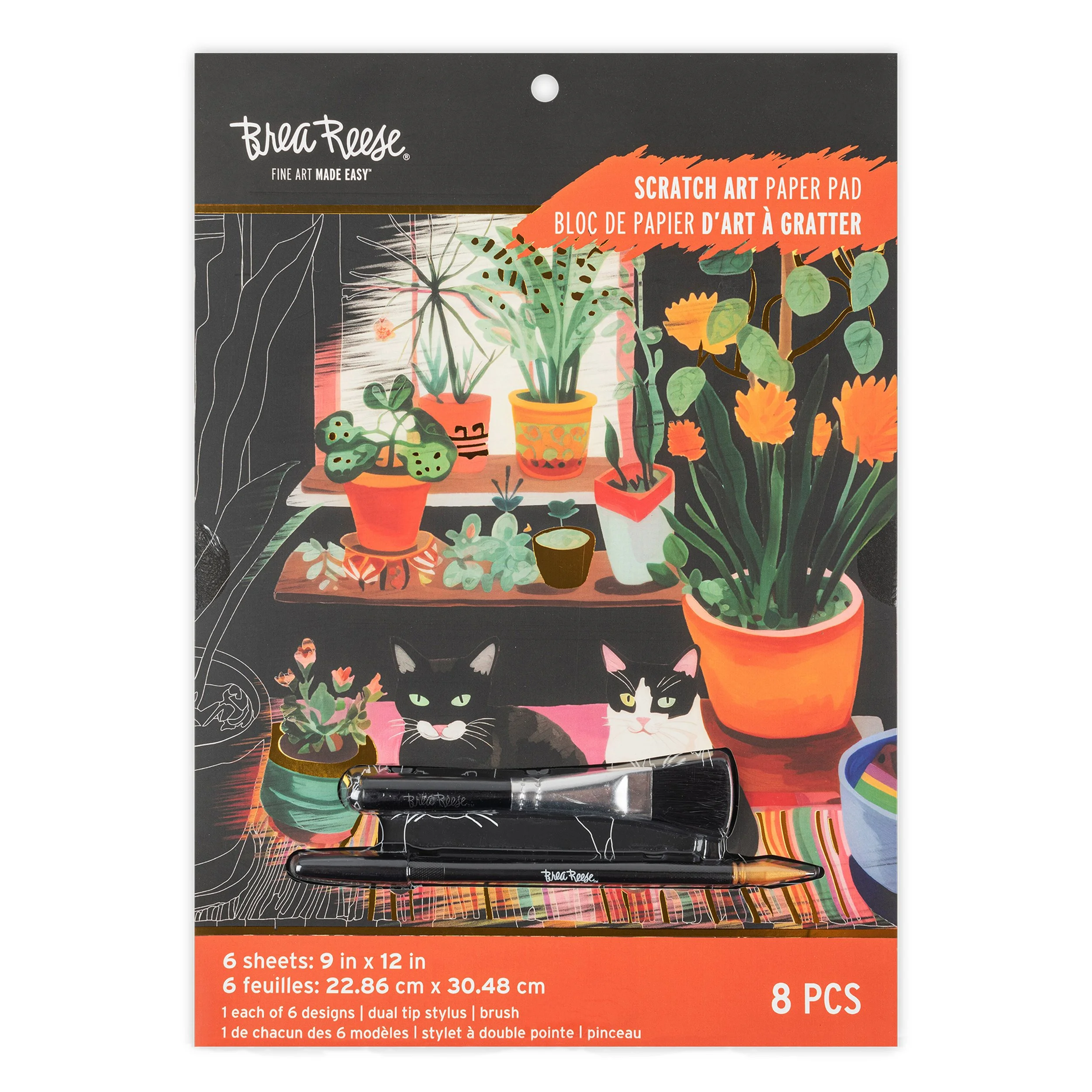 Packaging for BreaxReese scratch art paper pads featuring colorful illustrations of potted plants and two black and white cats, with a small brush included.