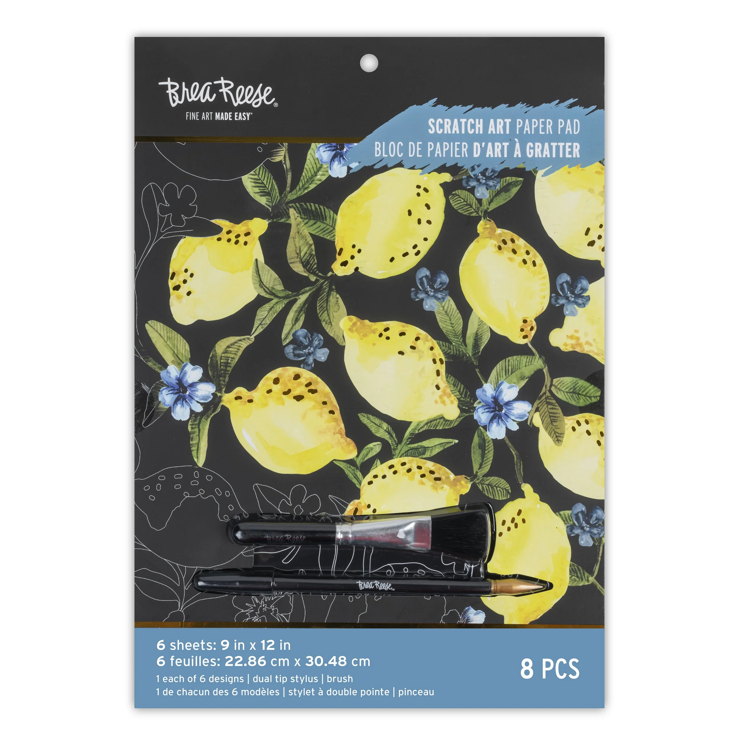 Scratch art paper pad featuring lemon and blueberry illustrations with two stylus tools.