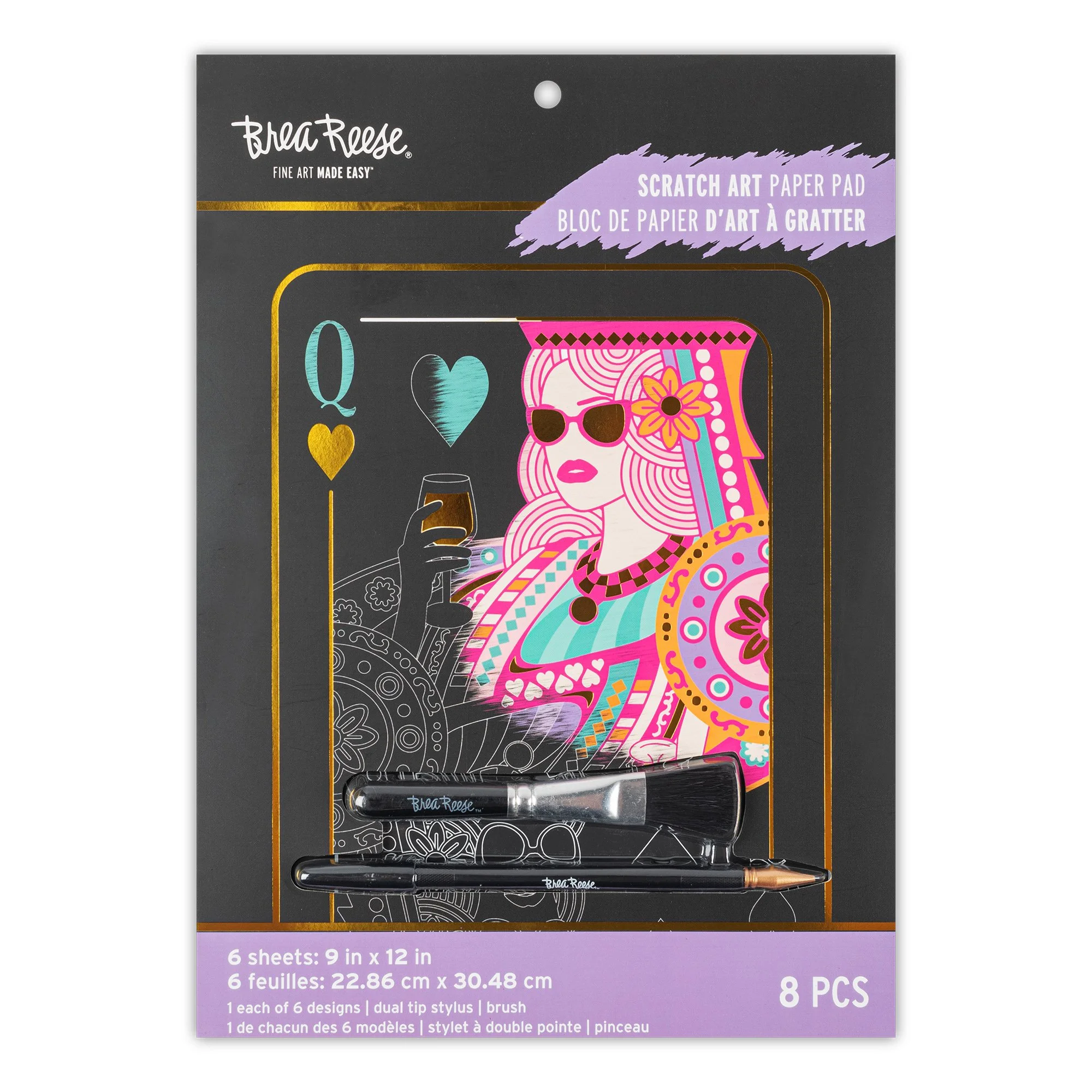 Packaging of Breeze Reese scratch art paper pad featuring a colorful illustration of a woman with pink hair, sunglasses, and a drink, holding a brush, with playing card symbols Queen, heart, and spade on the left.