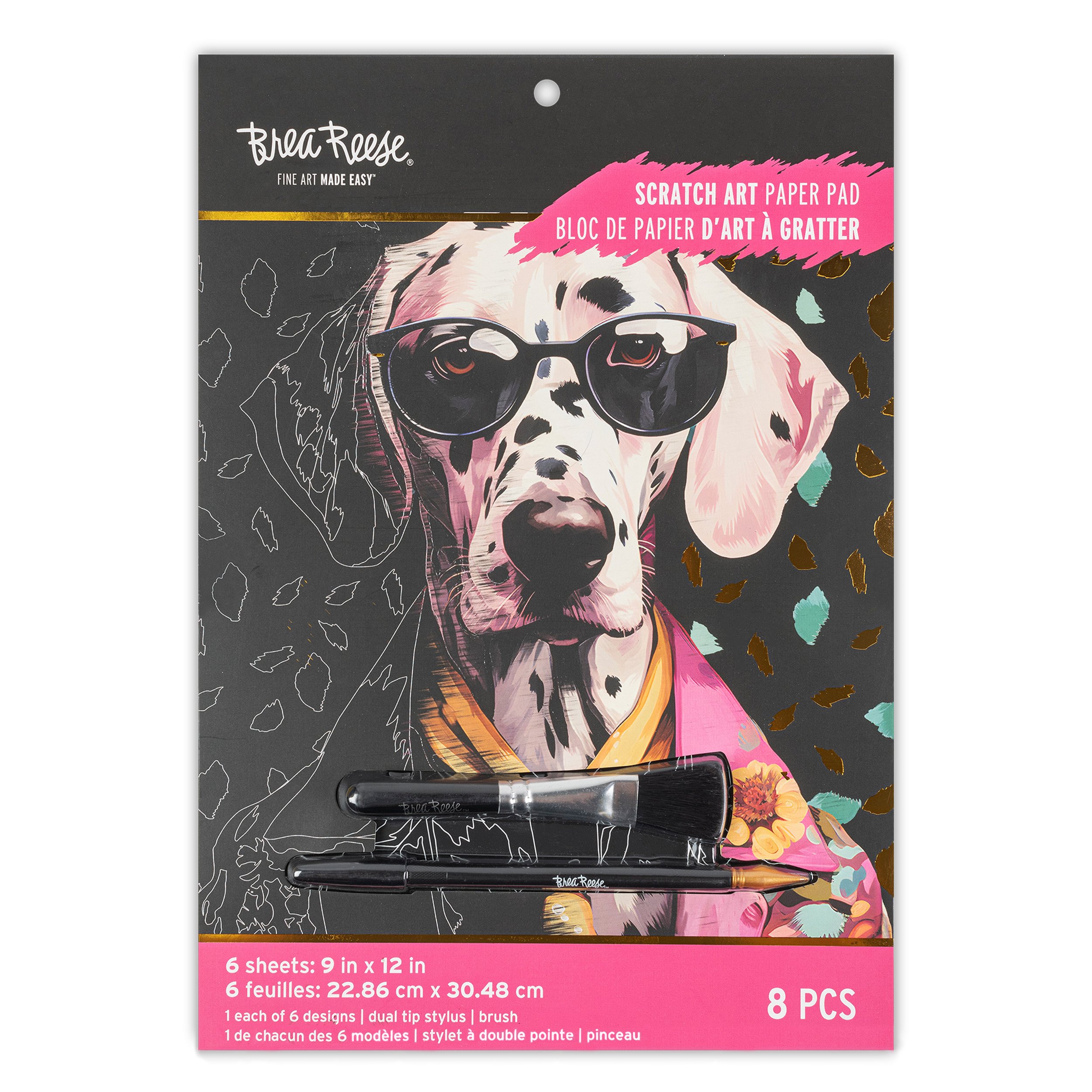 Scratch art paper pad featuring a Dalmatian dog wearing sunglasses and a colorful outfit, with a paintbrush and stylus placed over the sheet.