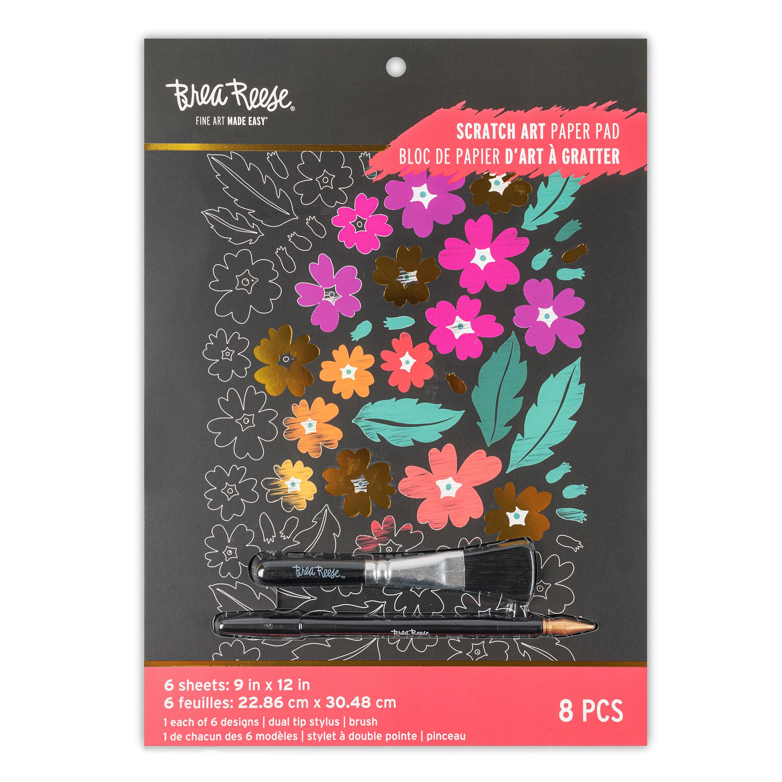 Package of Brea Reese scratch art paper pads with colorful floral designs and dual tip stylus brushes.