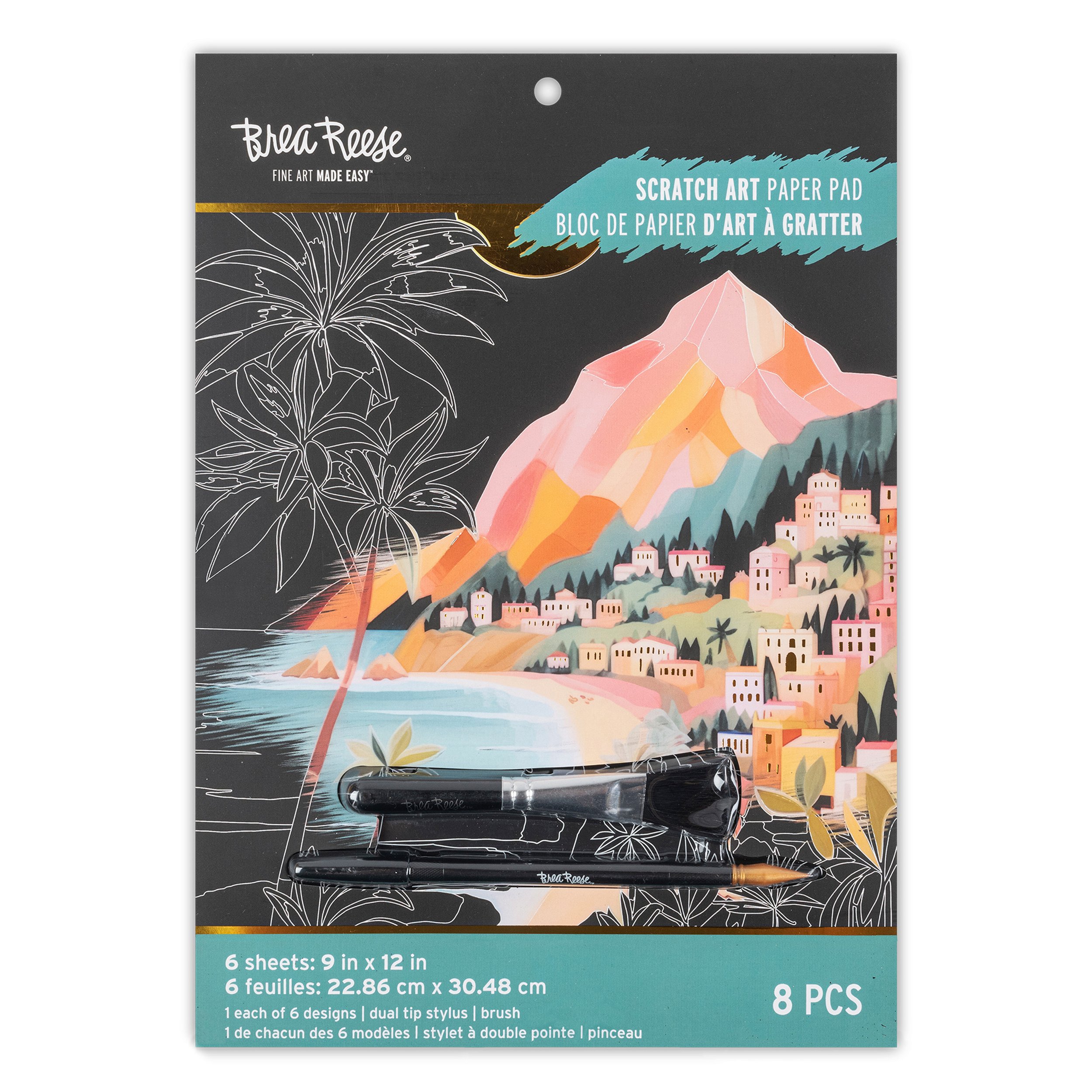Packaging for BreeReese scratch art paper pad featuring a colorful illustrated mountain scene with buildings, trees, and water, with black and white floral outlines on a dark background.