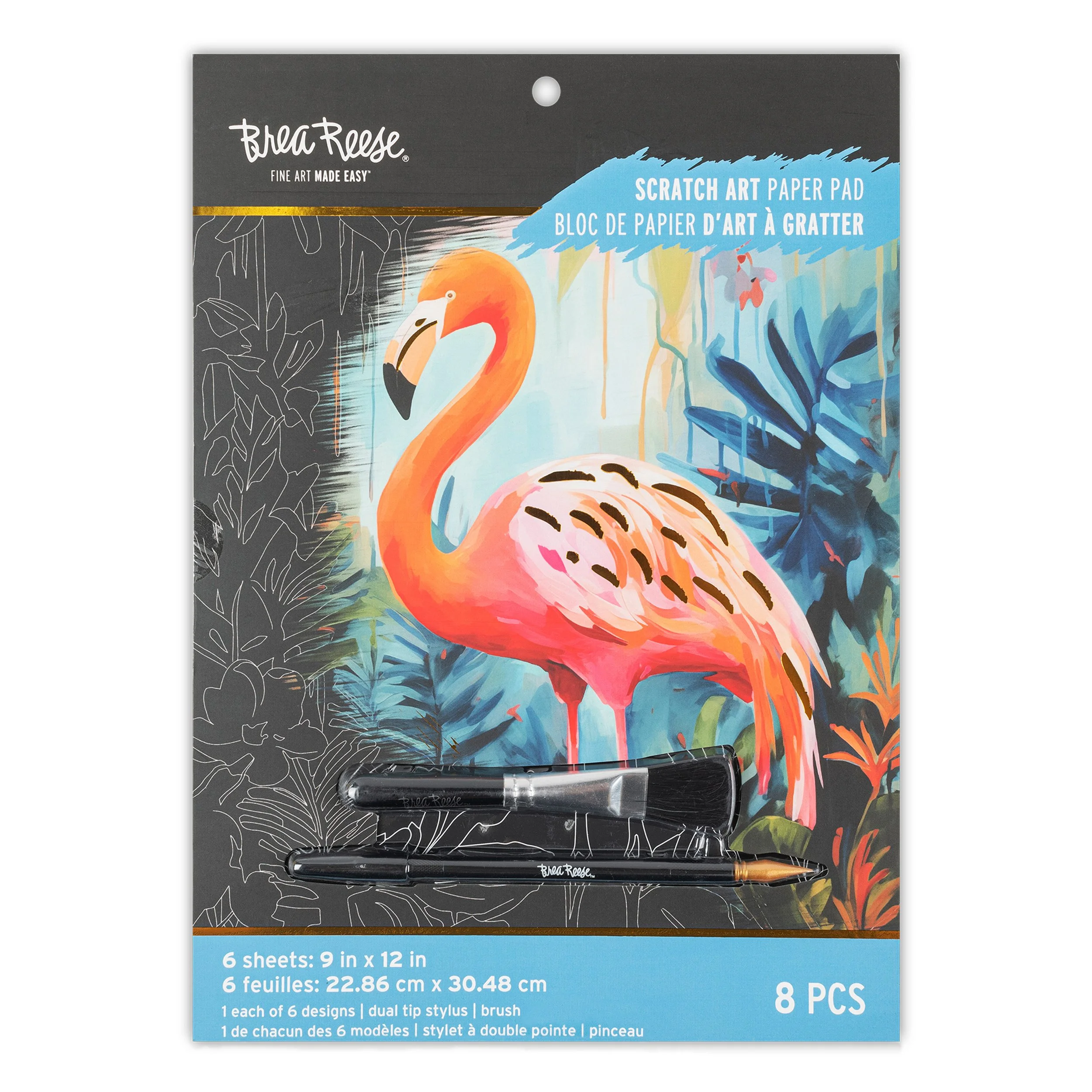 Package of BreafReese scratch art paper pads featuring a colorful flamingo illustration, with additional art supplies including a dual tip stylus and a brush, displaying details about the product specifications.