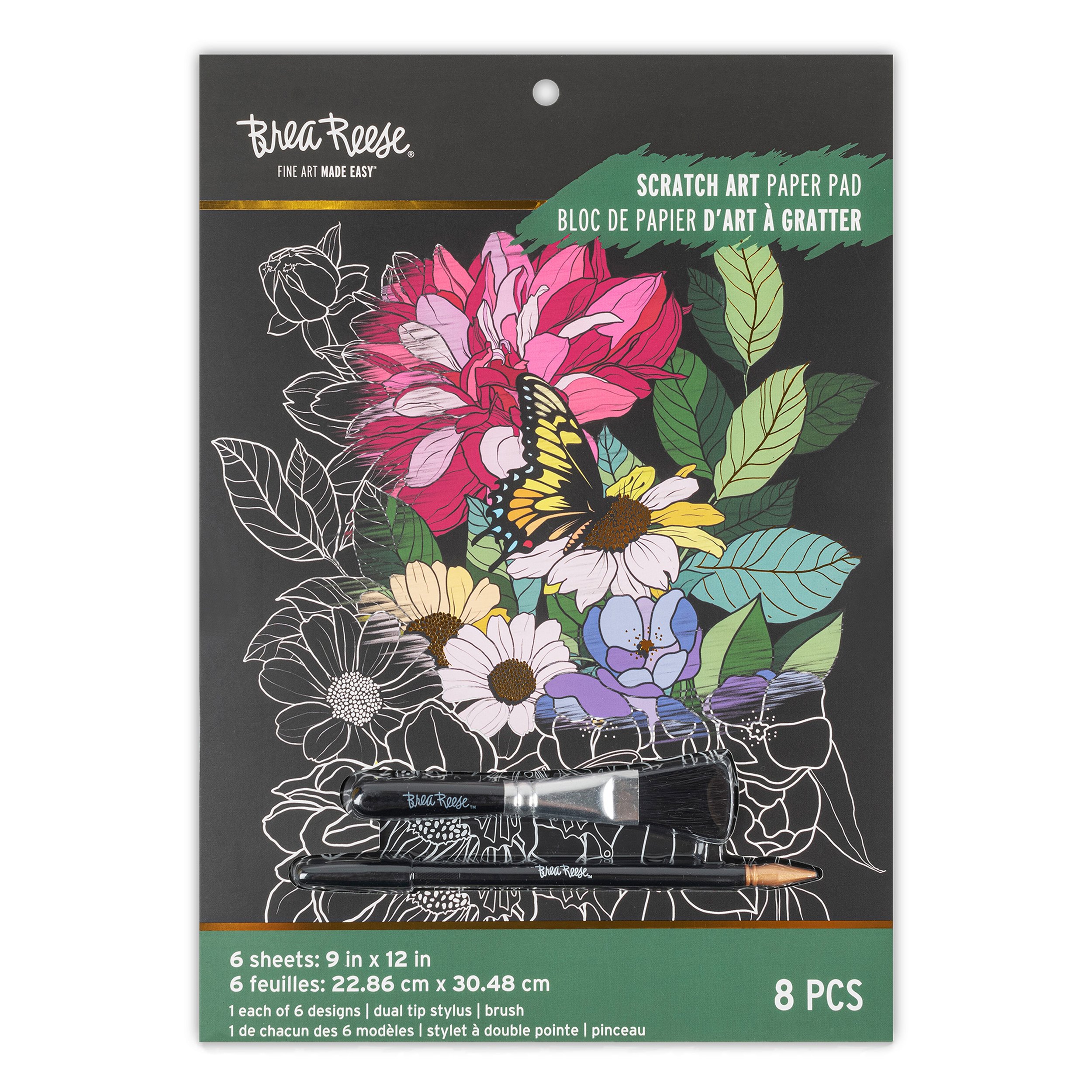 A pack of 8 scratch art sheets with floral designs and two scratch tools, featuring a black background with colorful flower illustrations.