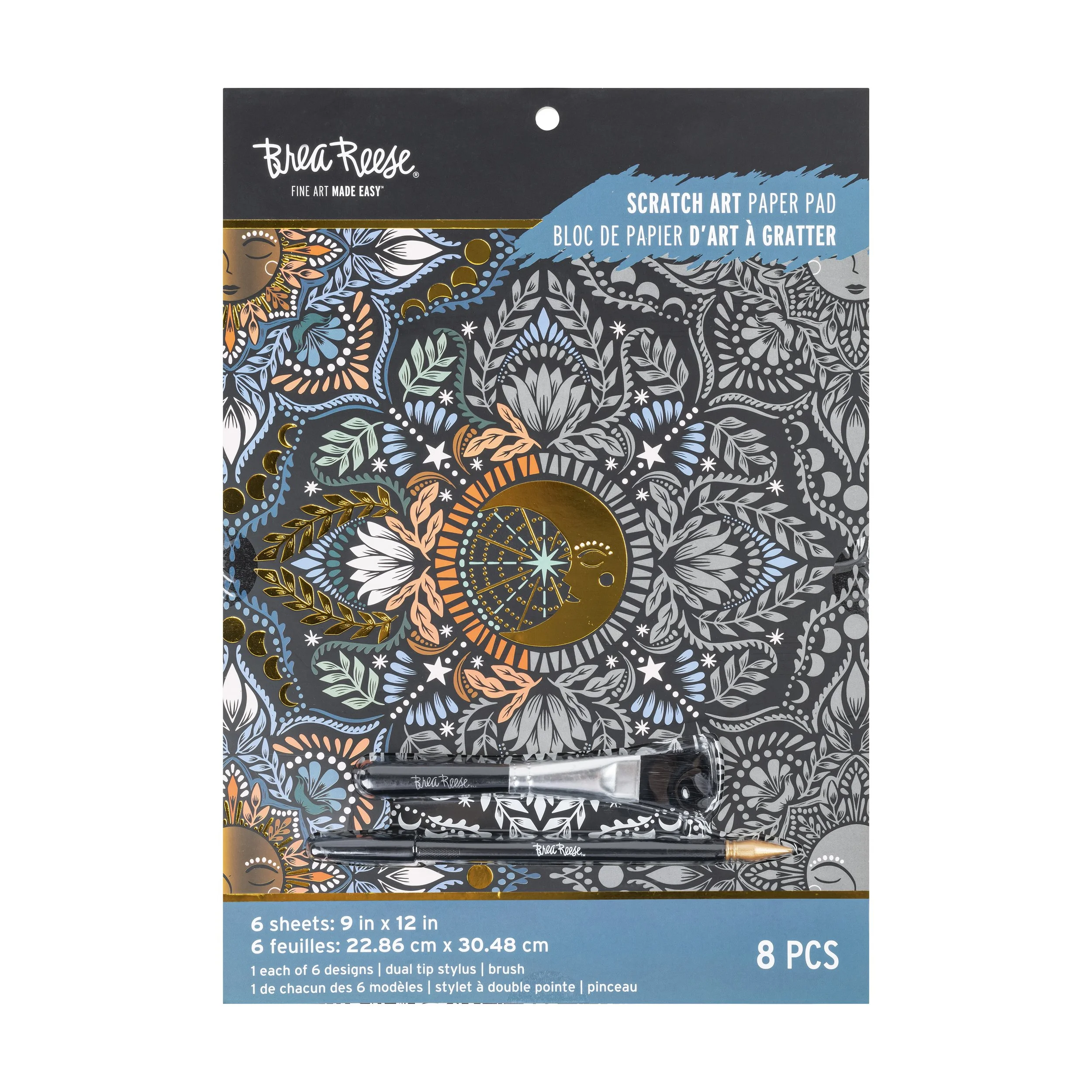 Package of 8 Brea Reese scratch art paper pads with black coated pages, featuring decorative intricate floral and geometric patterns, with two stylus tools included at the bottom.