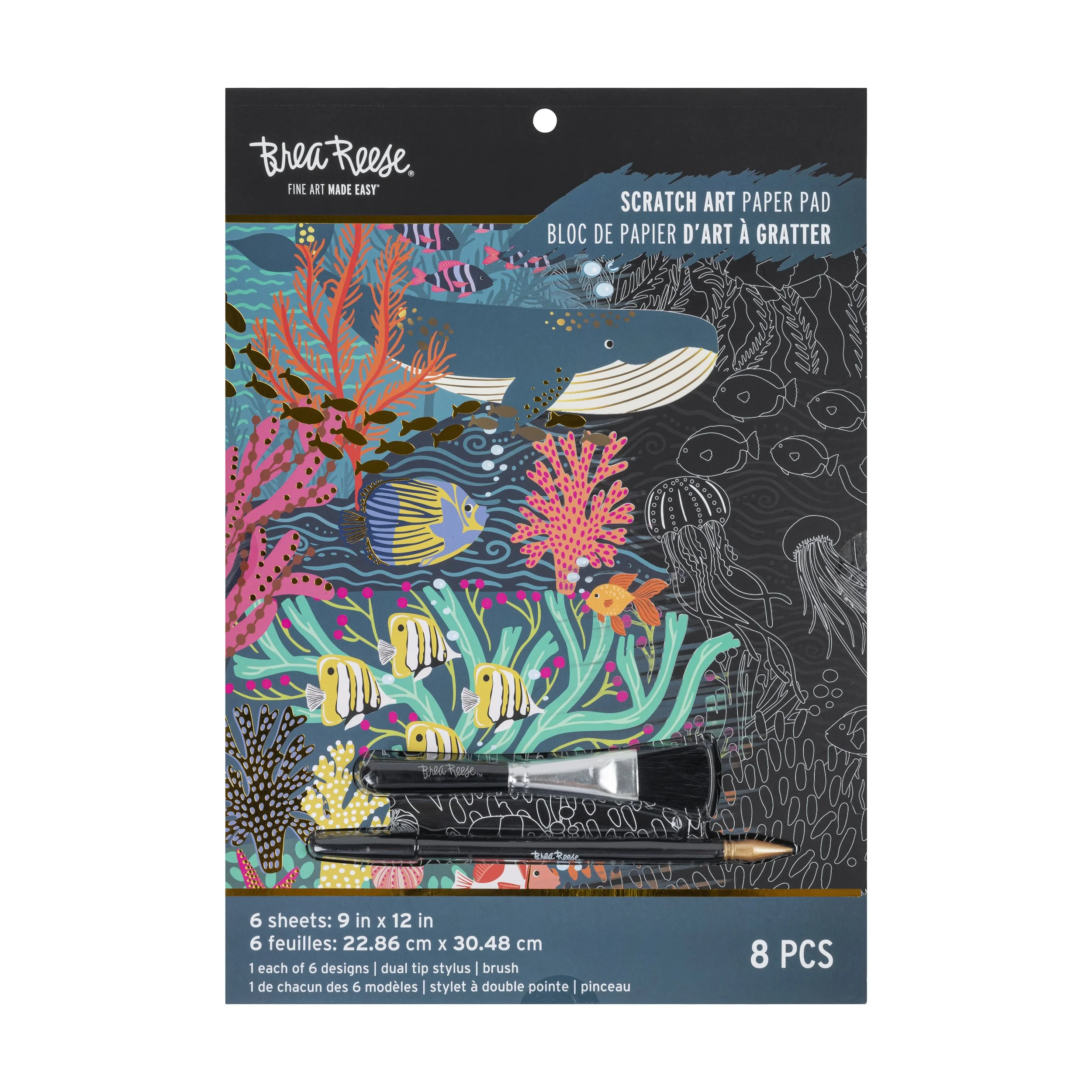 A package of BrenReese scratch art paper pads with colorful ocean-themed illustrations on the cover, including a whale, fish, coral, and jellyfish, on a black background.