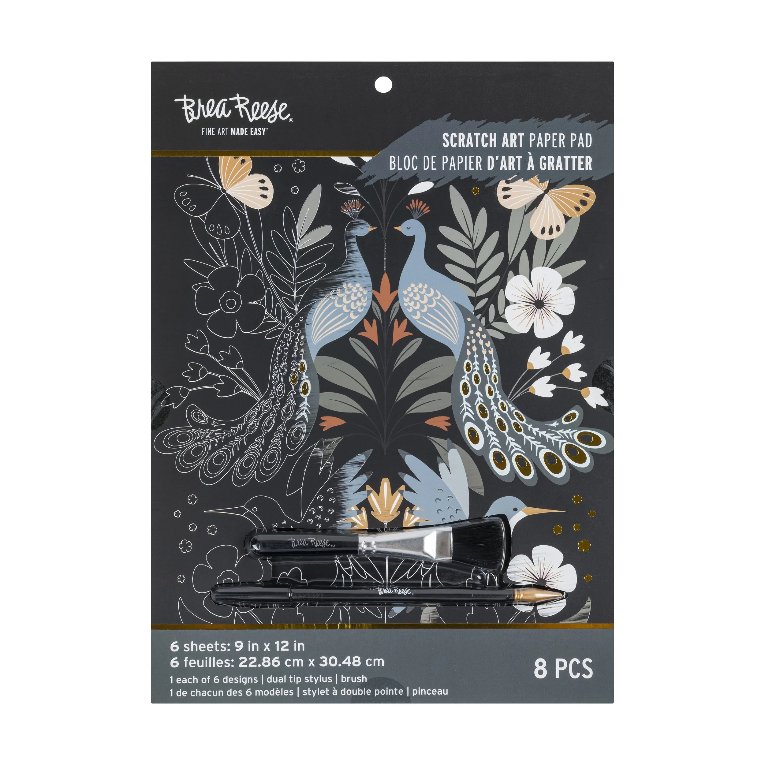 Pack of 8 scratch art paper sheets featuring peacocks, butterflies, and floral designs with a black background and metallic accents.