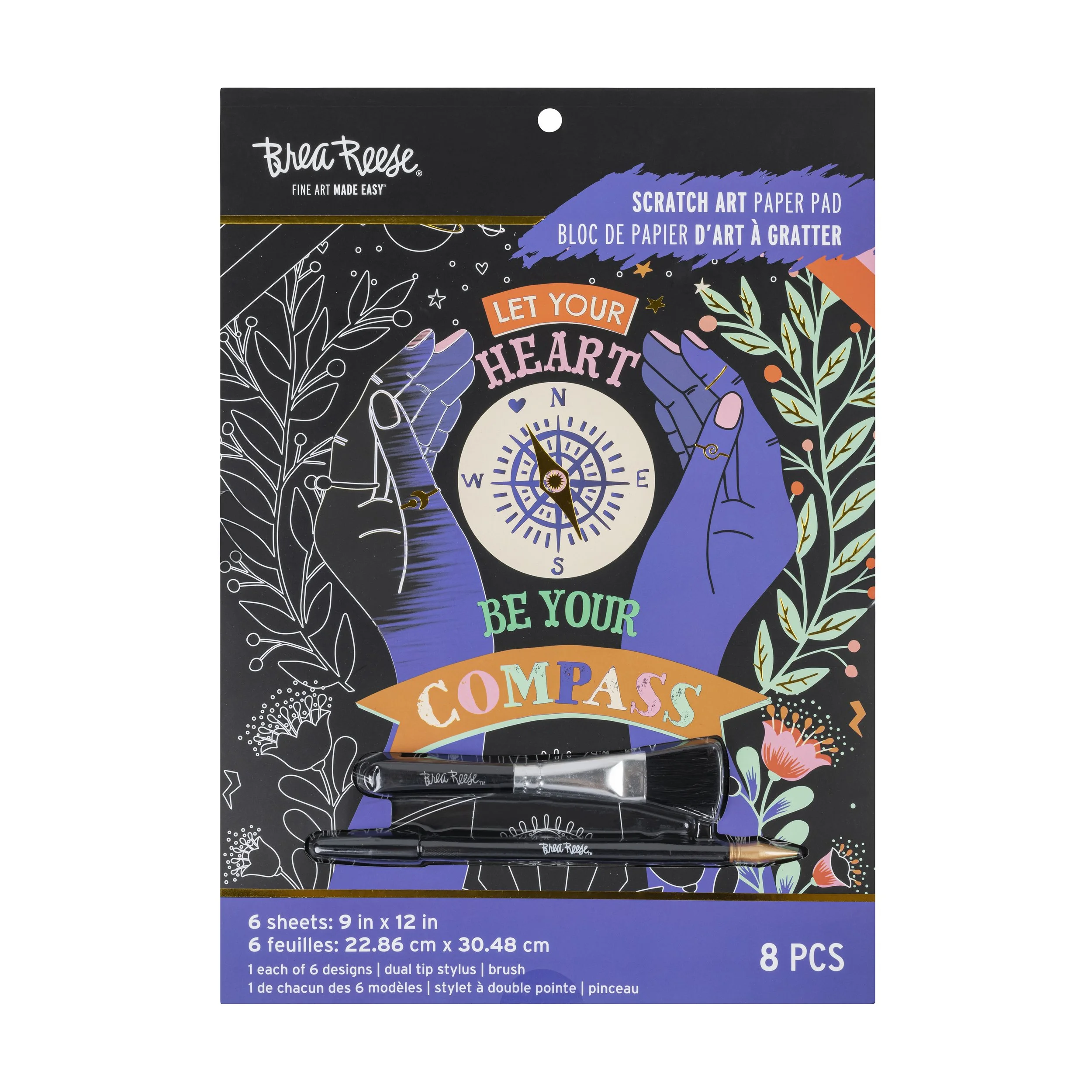 Scratch art paper pad featuring a background with floral and leaf designs, an illustration of hands holding a compass, and a dual tip stylus brush. The pad includes six sheets of 9x12 inches paper with six different designs, and is branded by BreaeReese.