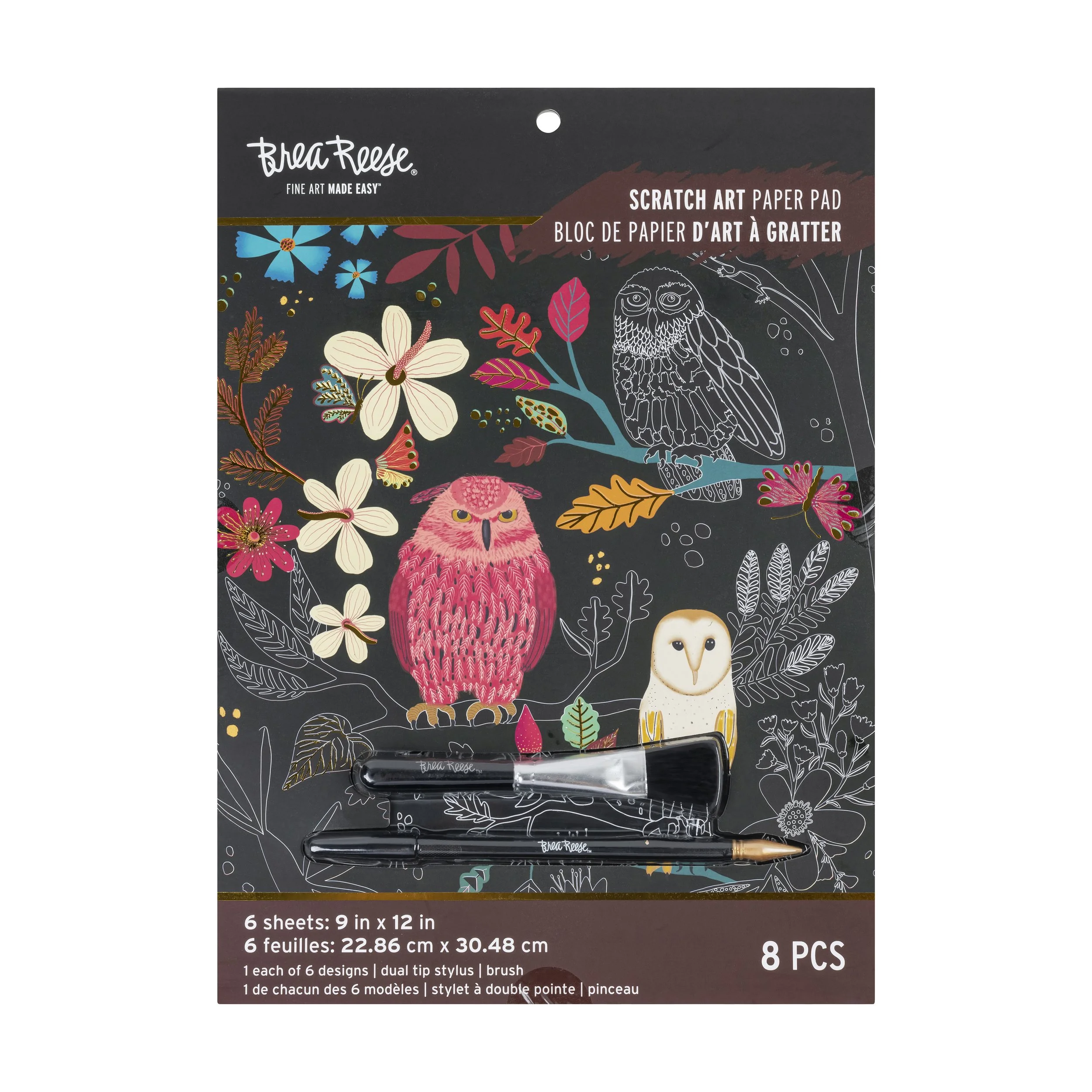 Scratch art paper pad with colorful owl, owls, and flowers design, including dual tip stylus and brush, on black background.