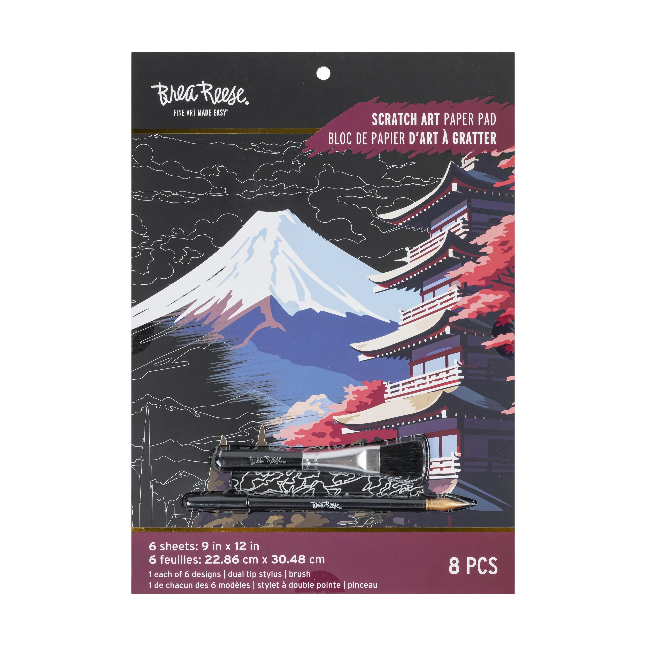 Package of Brea Reese® scratch art paper with an illustration of Mount Fuji and a Japanese pagoda in pink, black, and blue colors.