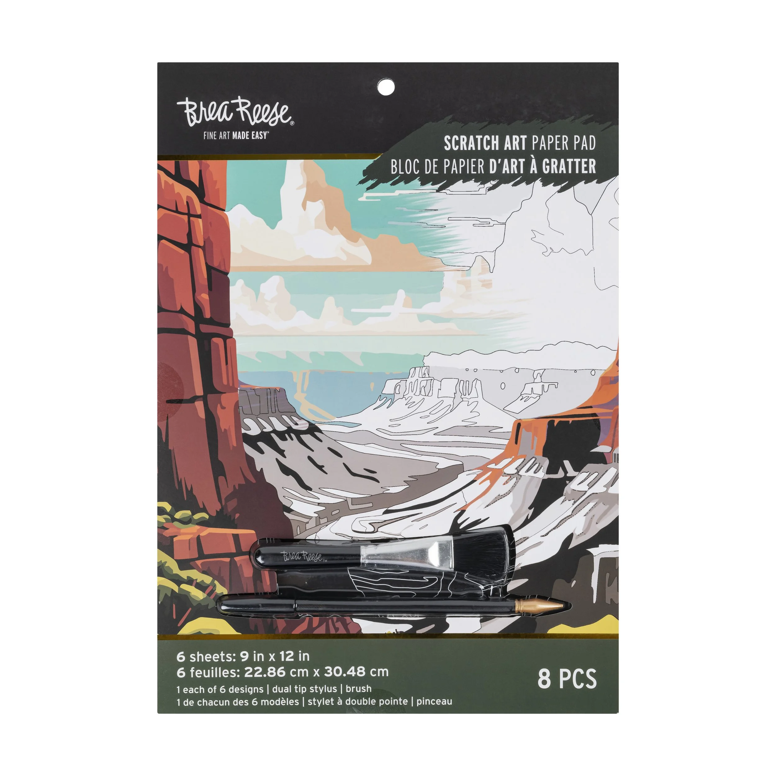 Package of Brea Reese® scratch art paper with a canyon landscape illustration in progress.