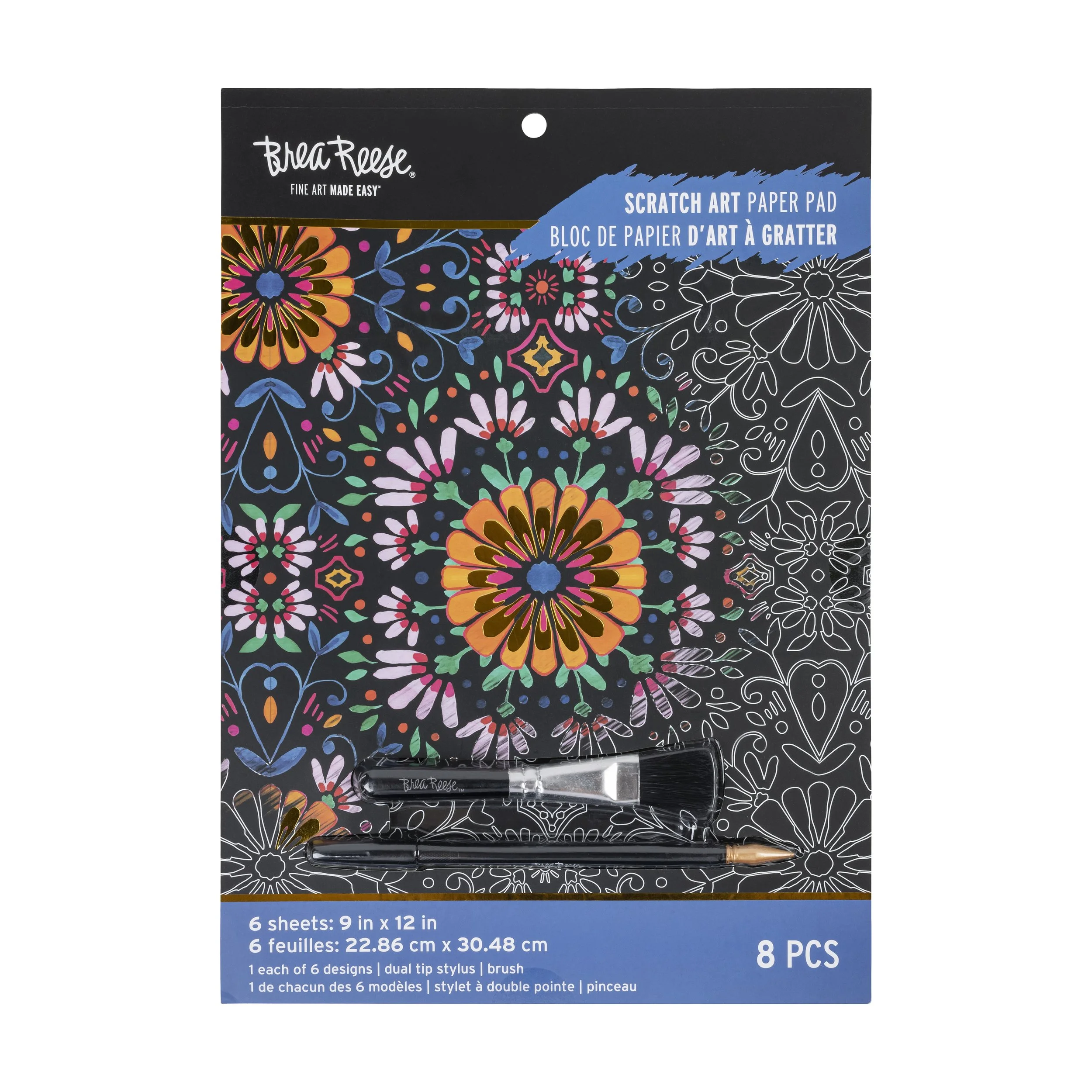 A package of Cray-Reese brand scratch art paper pads with 8 sheets, each 9 inches by 12 inches, featuring 6 different designs with dual tip stylus and brush for creating colorful mandala patterns.