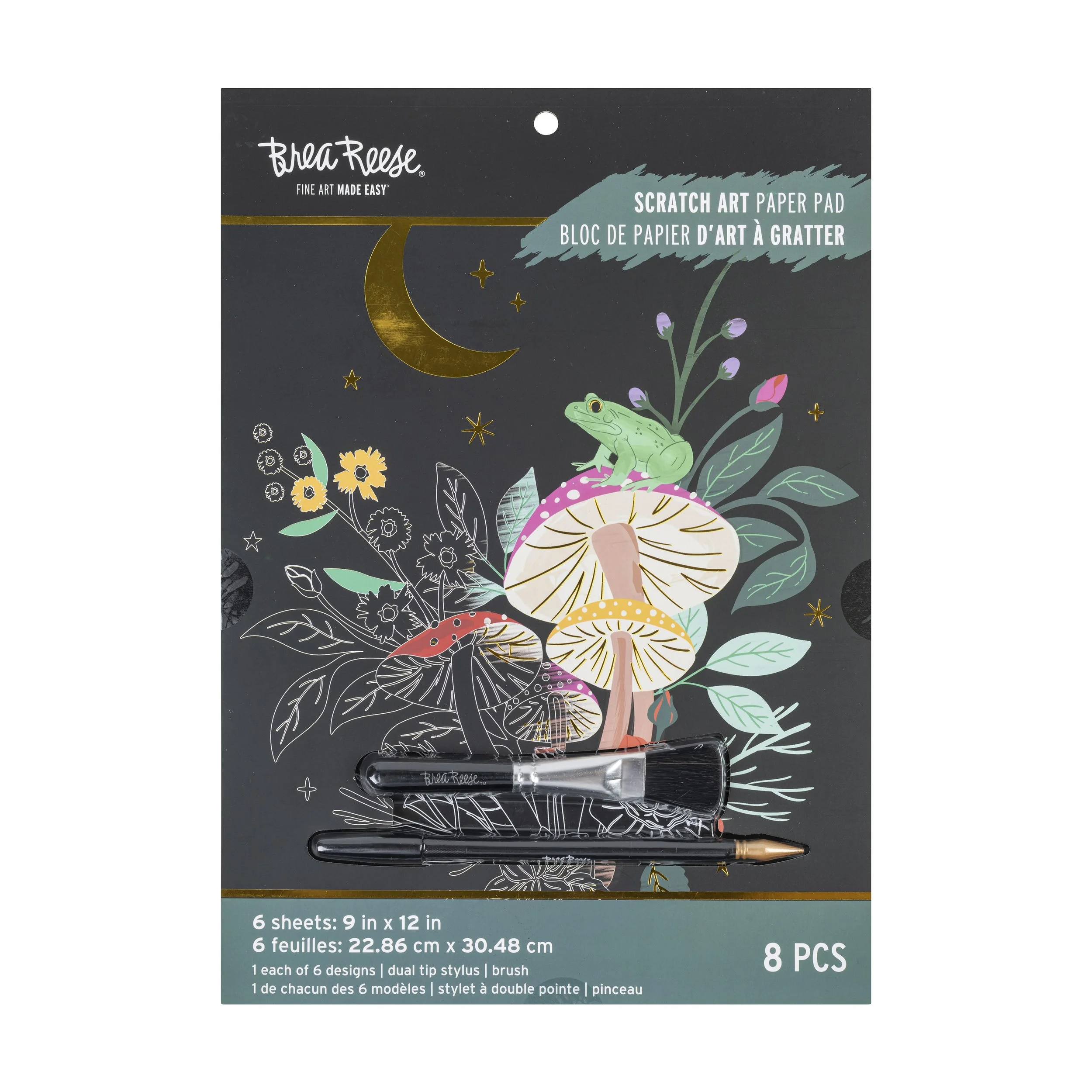 BreaReese scratch art paper pad with mushrooms, leaves, and a frog illustration on the cover, featuring 8 pieces of paper for art projects