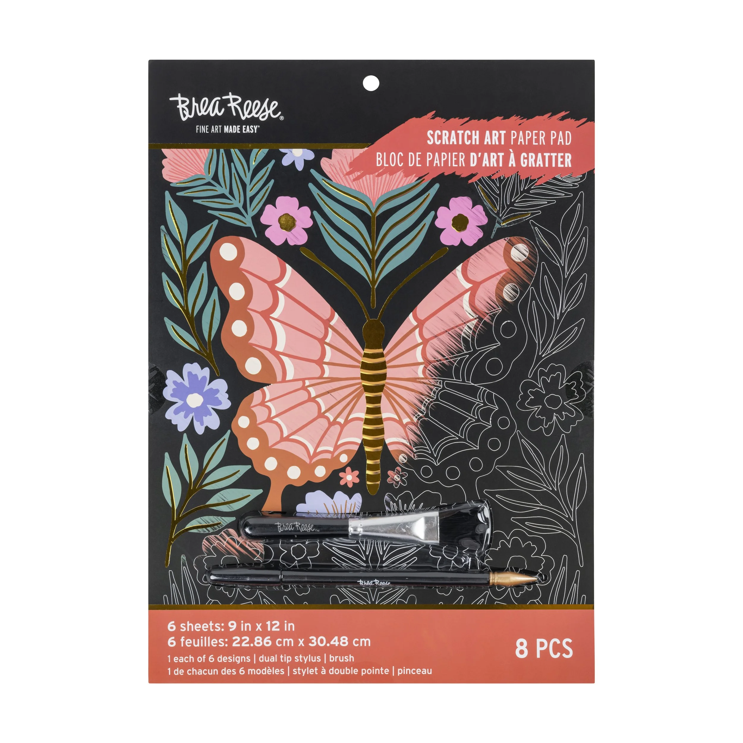 Pack of 8 scratch art paper pads with butterfly and floral designs and dual tip stylus