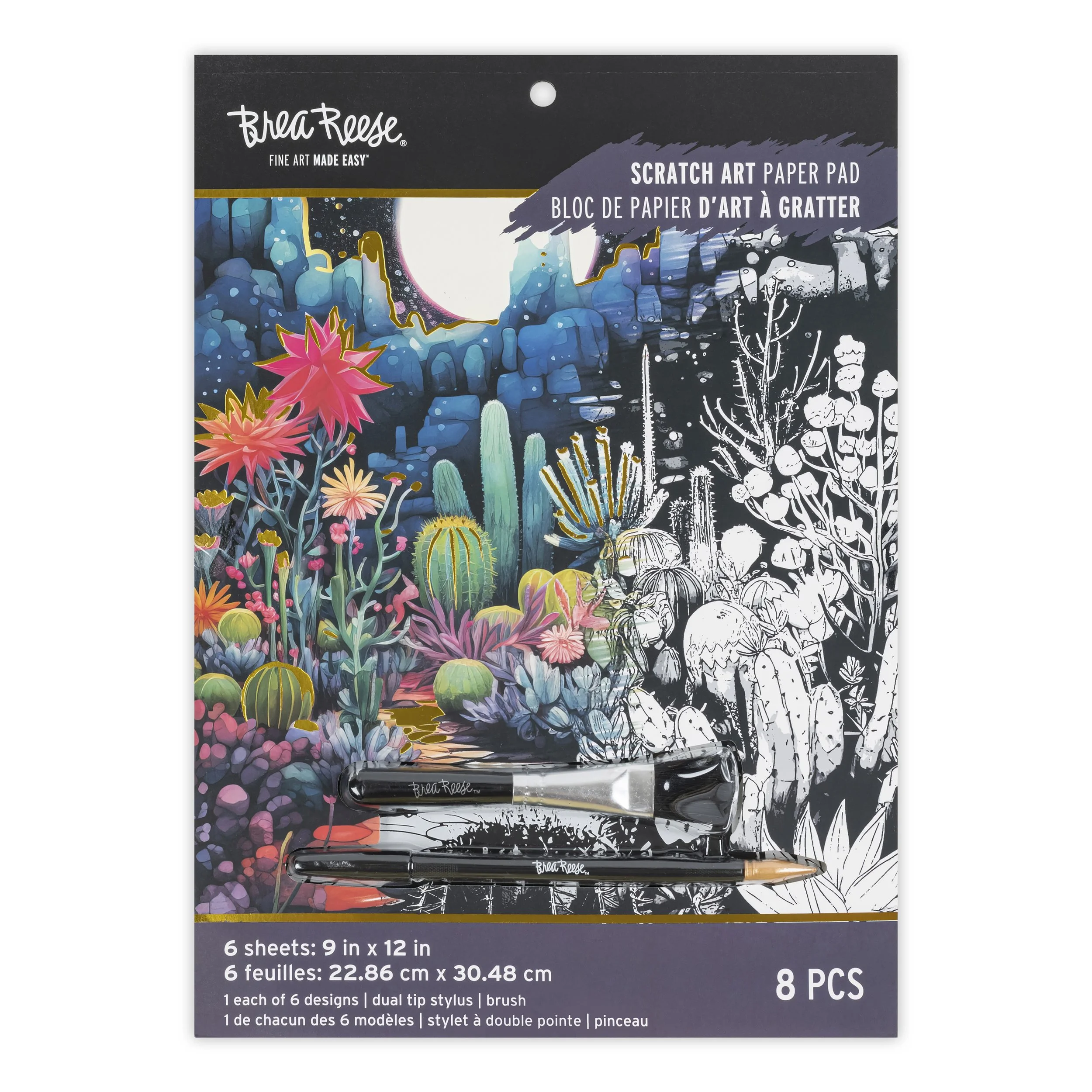 Pack of 8 scratch art paper sheets with black and colorful designs of a desert landscape, including cacti and flowers, and dual tip stylus and brush.