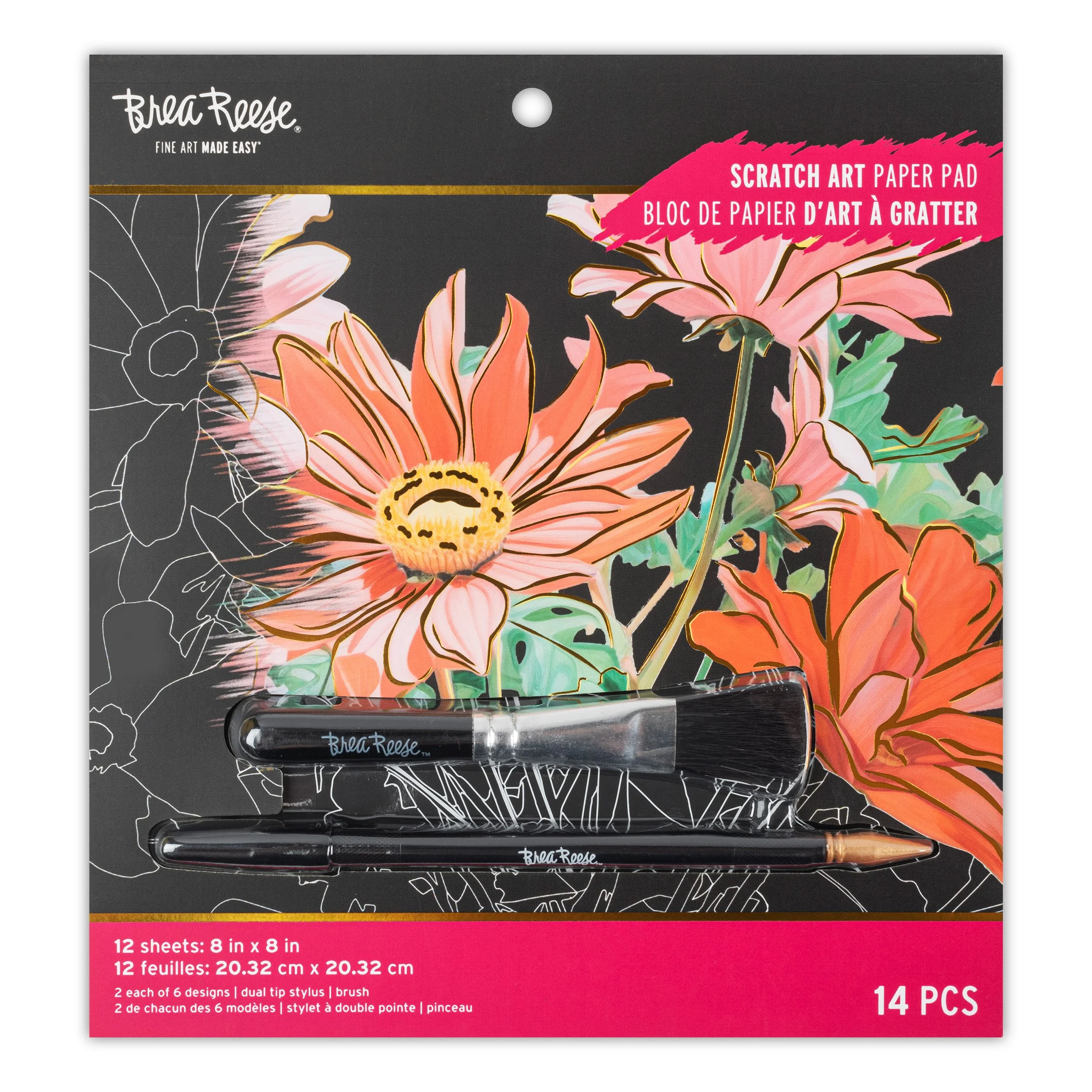 A packet of Crafter's Workshop brand scratch art paper pads with floral designs on the cover and two styluses included inside.