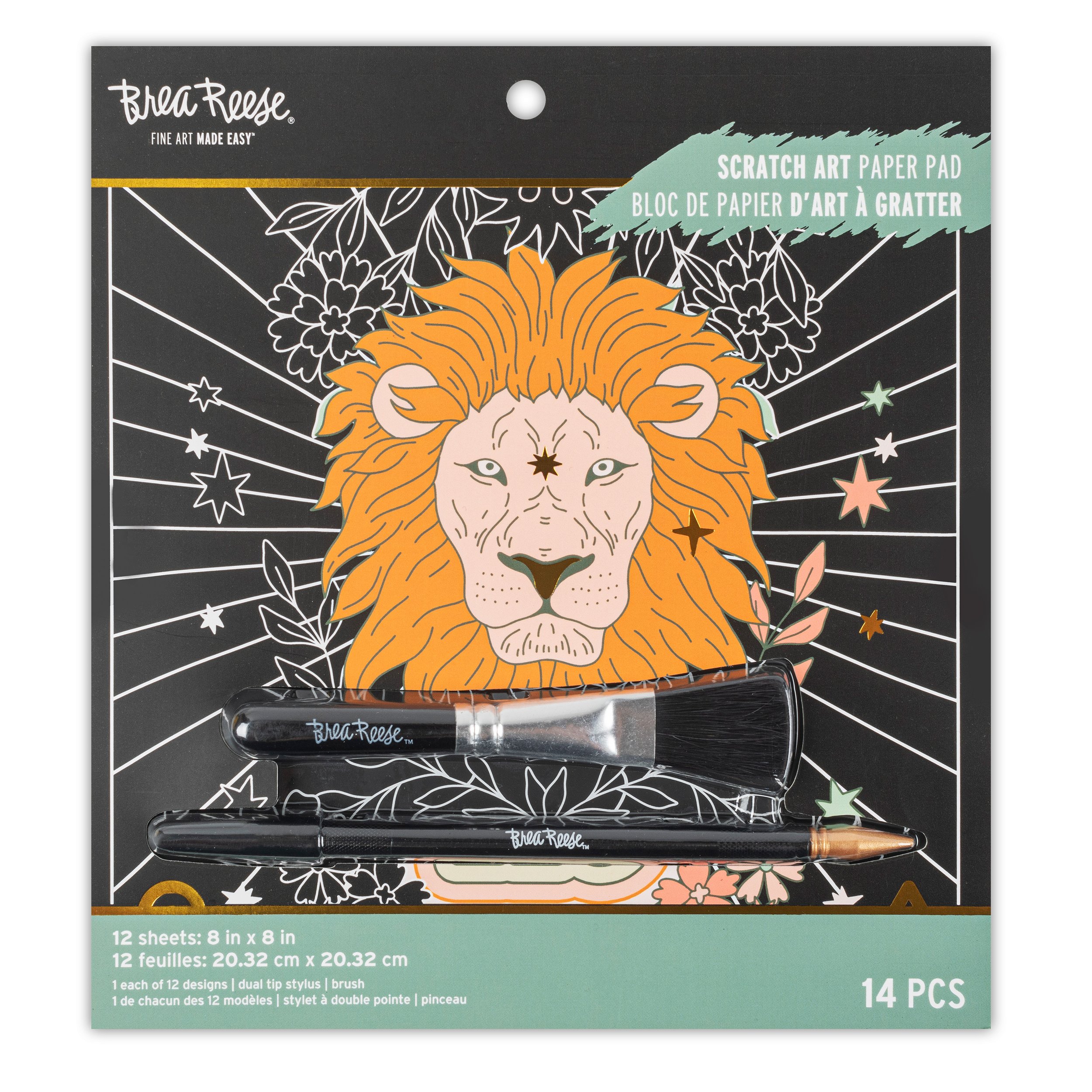 Scratch art paper pad with a lion illustration and two scratch tools, one with a brush tip and the other with a fine tip.