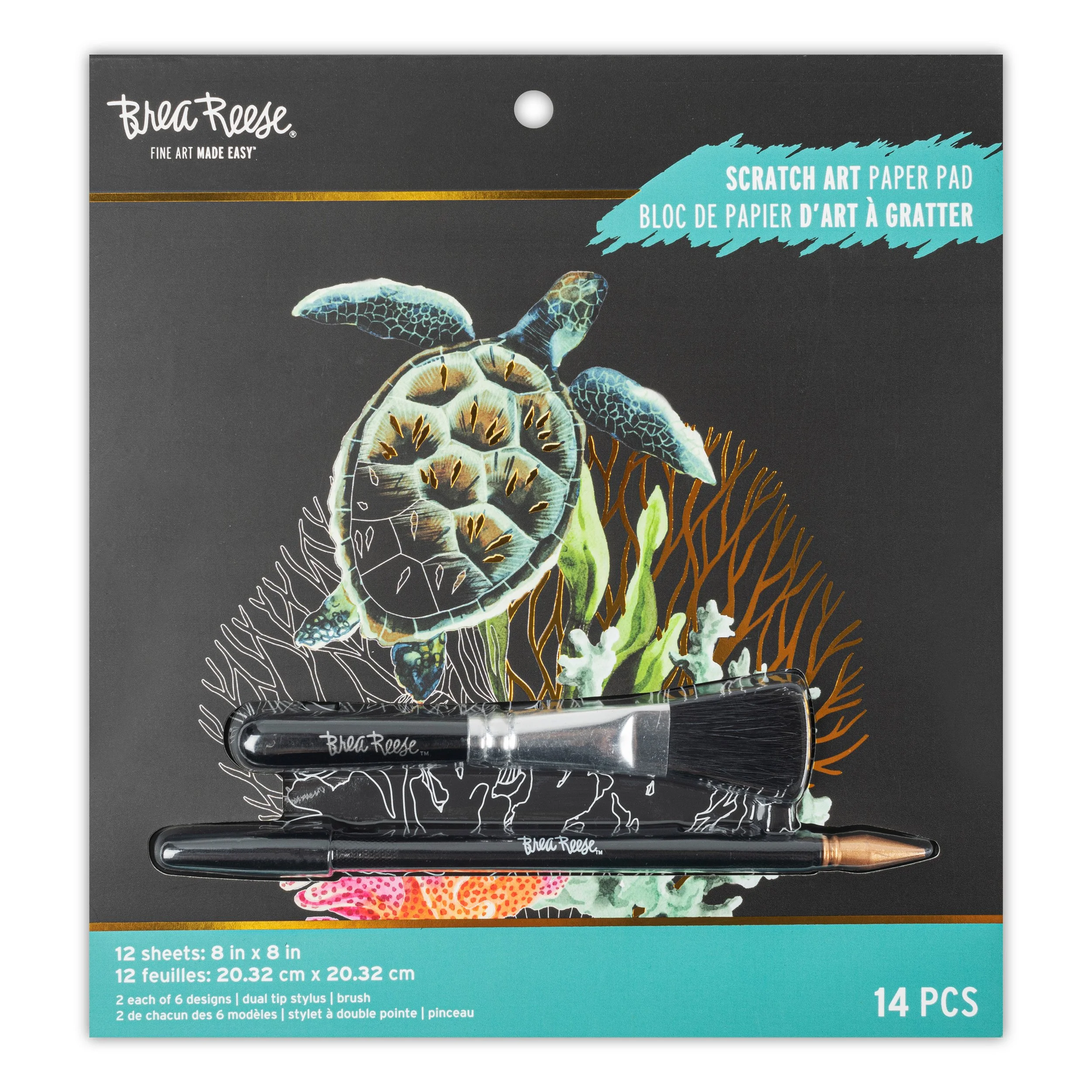 Scratch art paper pad with a turtle illustration and two stylus tools