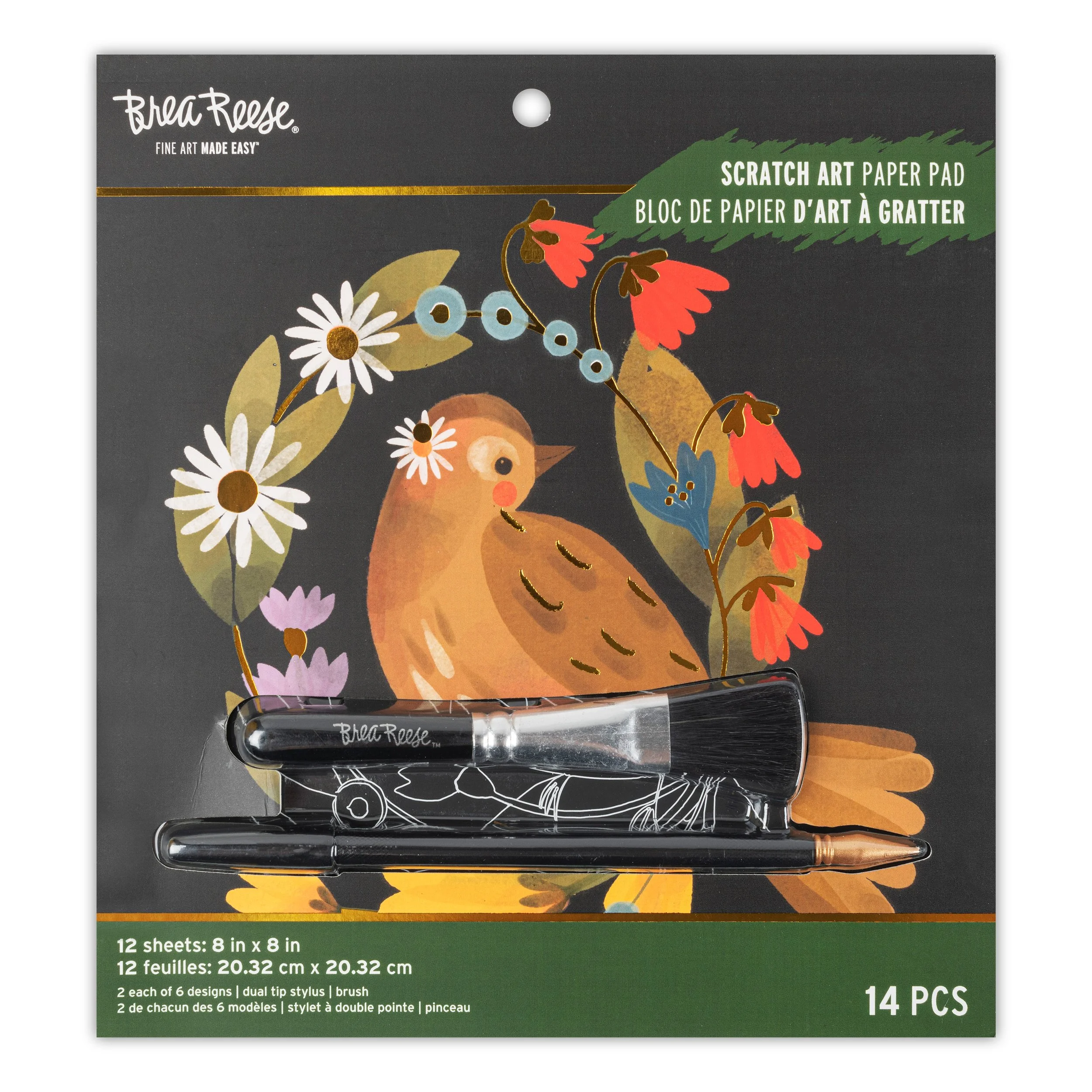 Package of scratch art paper pads with illustrations of a bird, flowers, and leaves, containing 12 sheets, 8 inches by 8 inches, with a dual-tip stylus and brush, totaling 14 pieces.