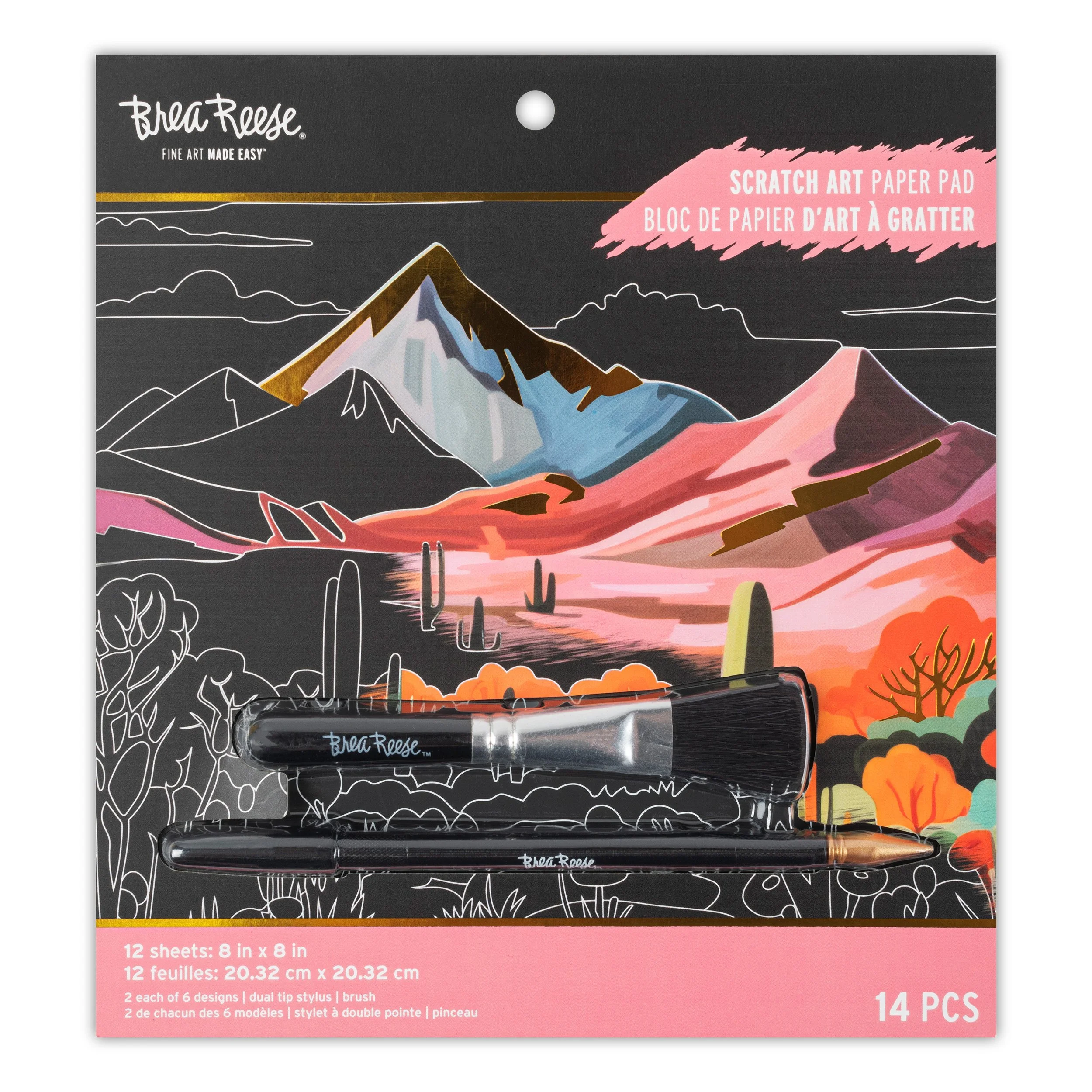A Beth Reese scratch art paper pad with a mountain and desert landscape illustration on the packaging, including cacti and colorful terrain, along with a stylus and brush for creating art.