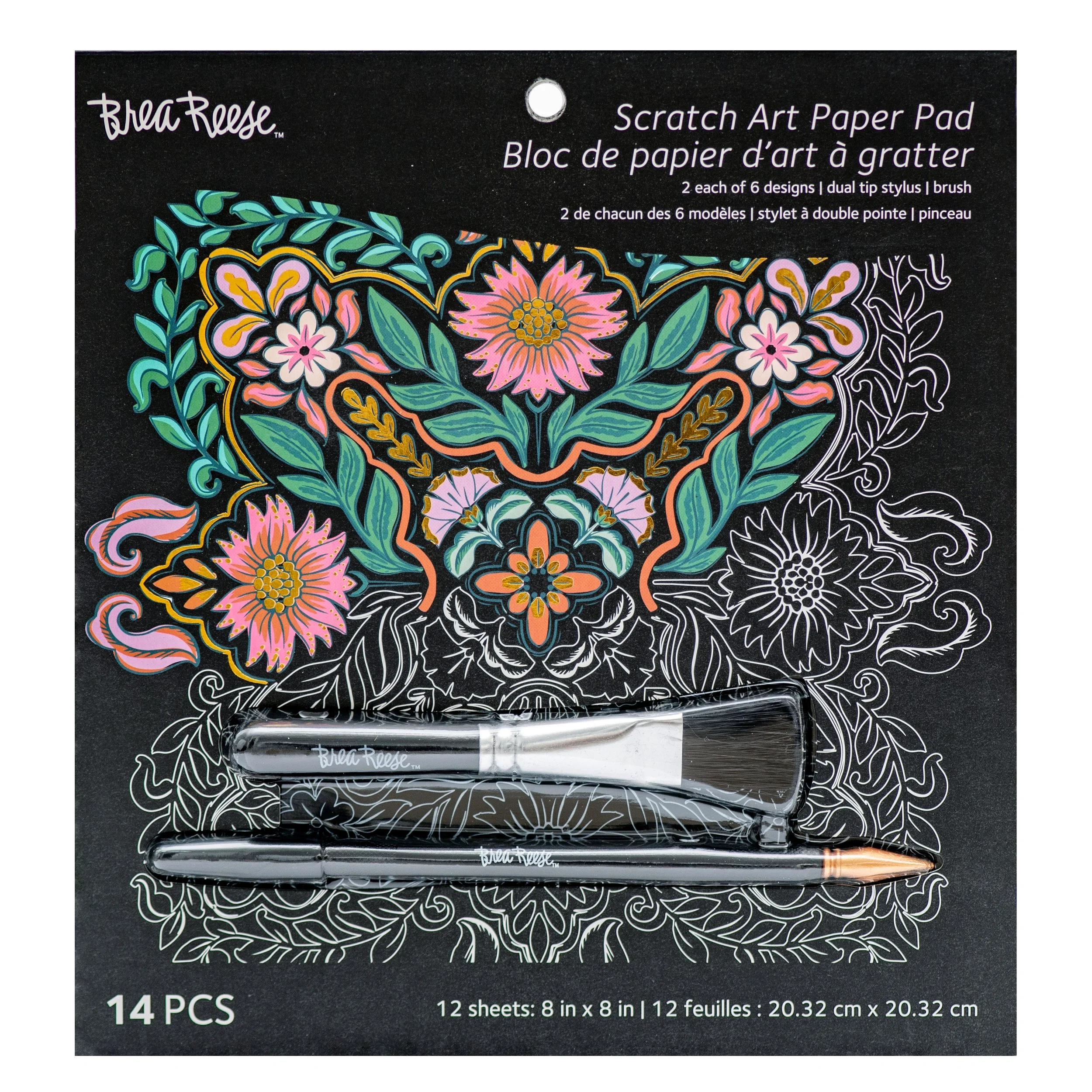 Colorful Valentine floral design on black scratch art paper pad with dual tip stylus and brush for scratching off black coating to reveal vibrant colors underneath, by Becca Reese.