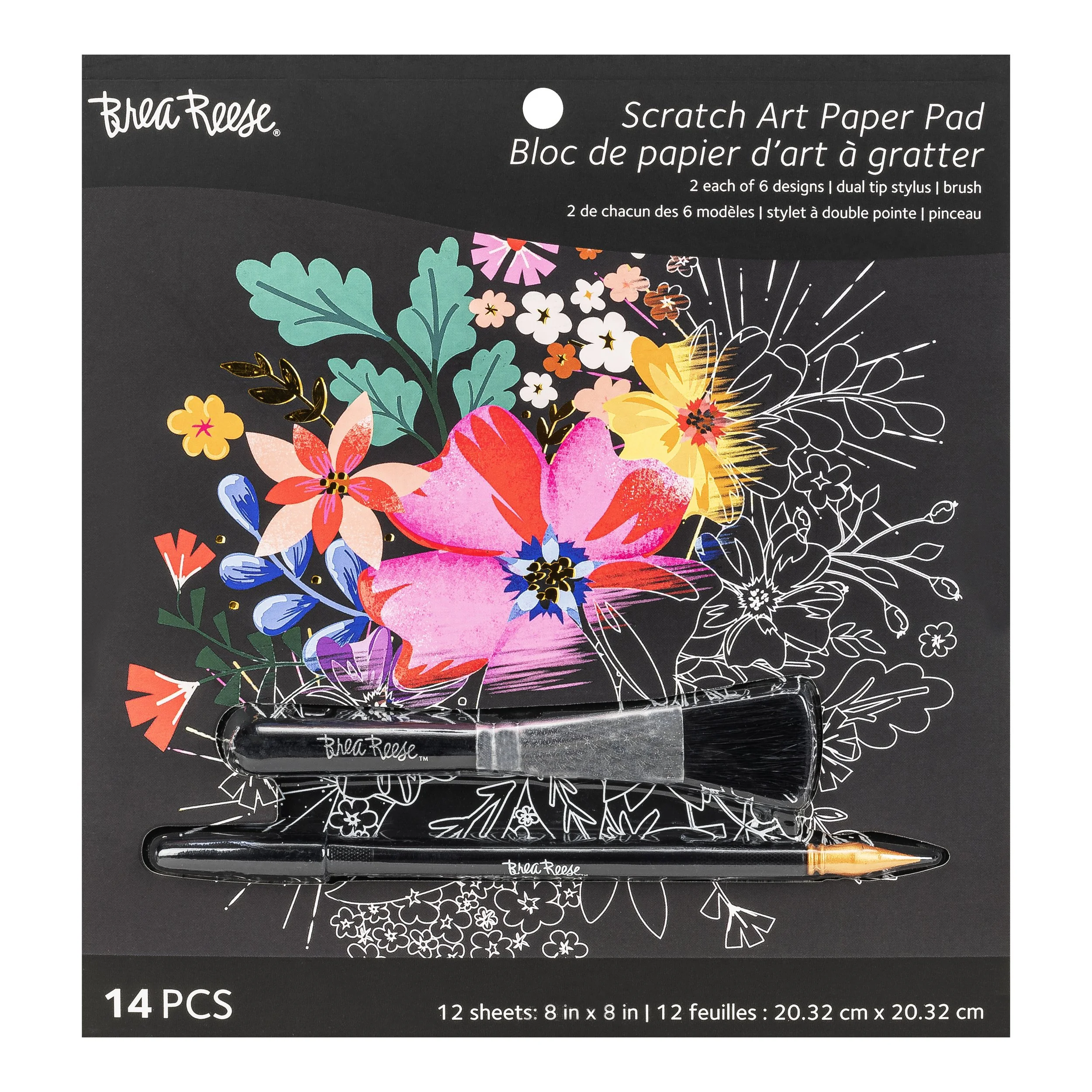 Scratch art paper pad with colorful floral illustrations, two dual-tip stylus brushes, and a gold-colored stylus pen.