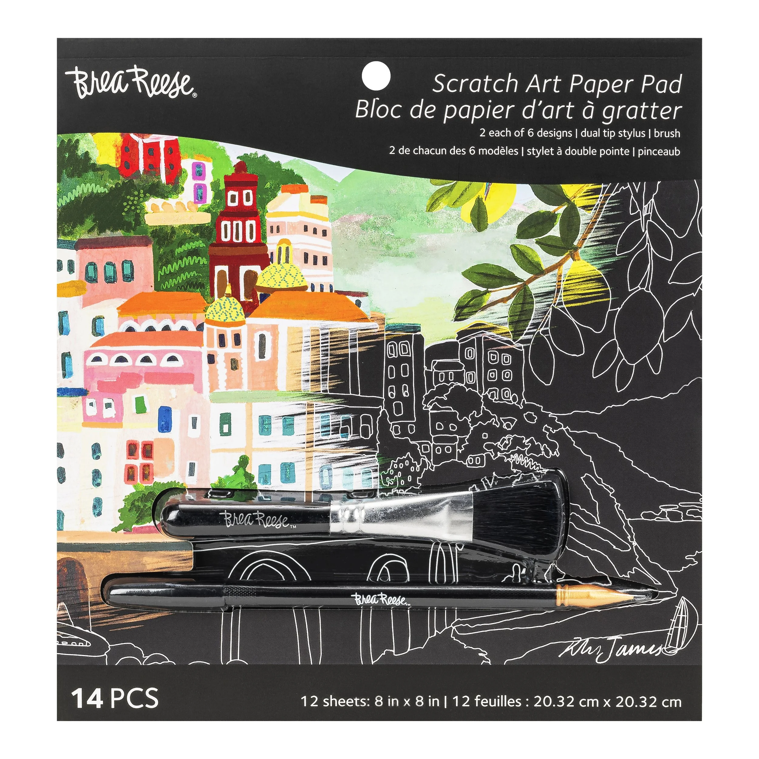 A scratch art paper pad with 14 pieces, featuring colorful cityscape and black-and-white outlines of buildings, trees, and a bridge. Contains two styluses, one black with a branding signature and one gold.