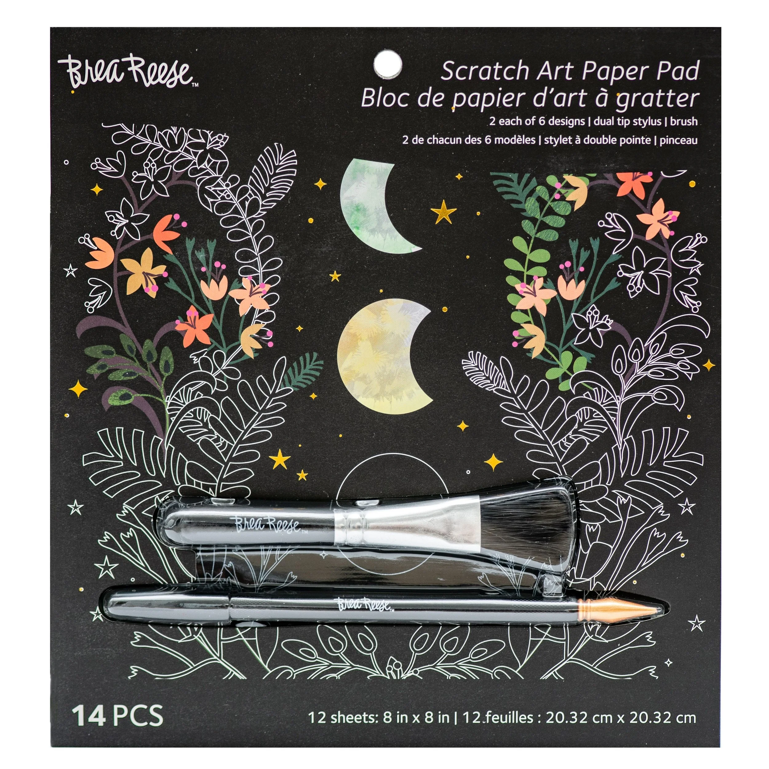 Box of Breeze Reese scratch art paper pads with two stylus brushes on black packaging adorned with pastel moons, stars, and floral designs.