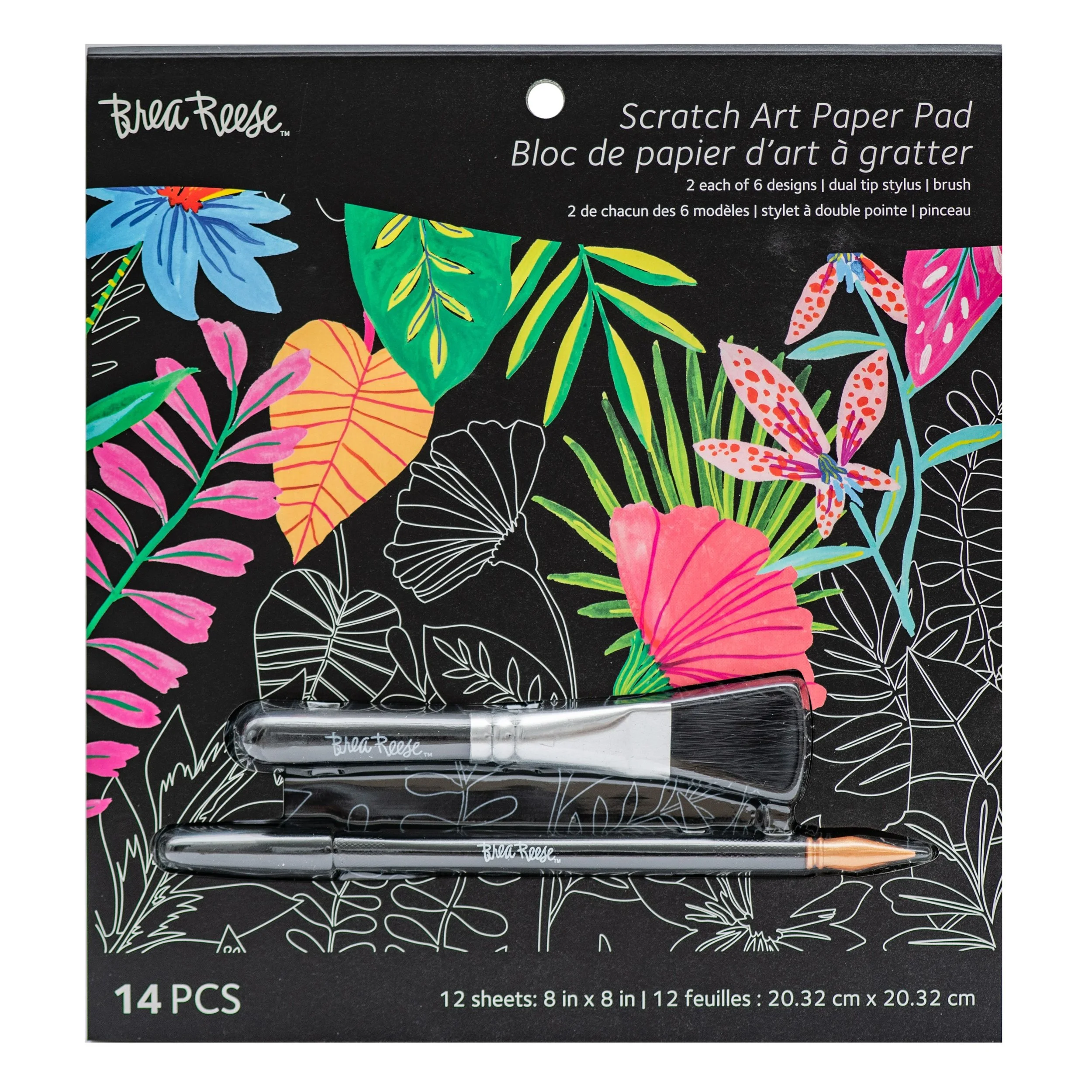Colorful tropical-themed scratch art paper pad with dual tip styluses and brushes.