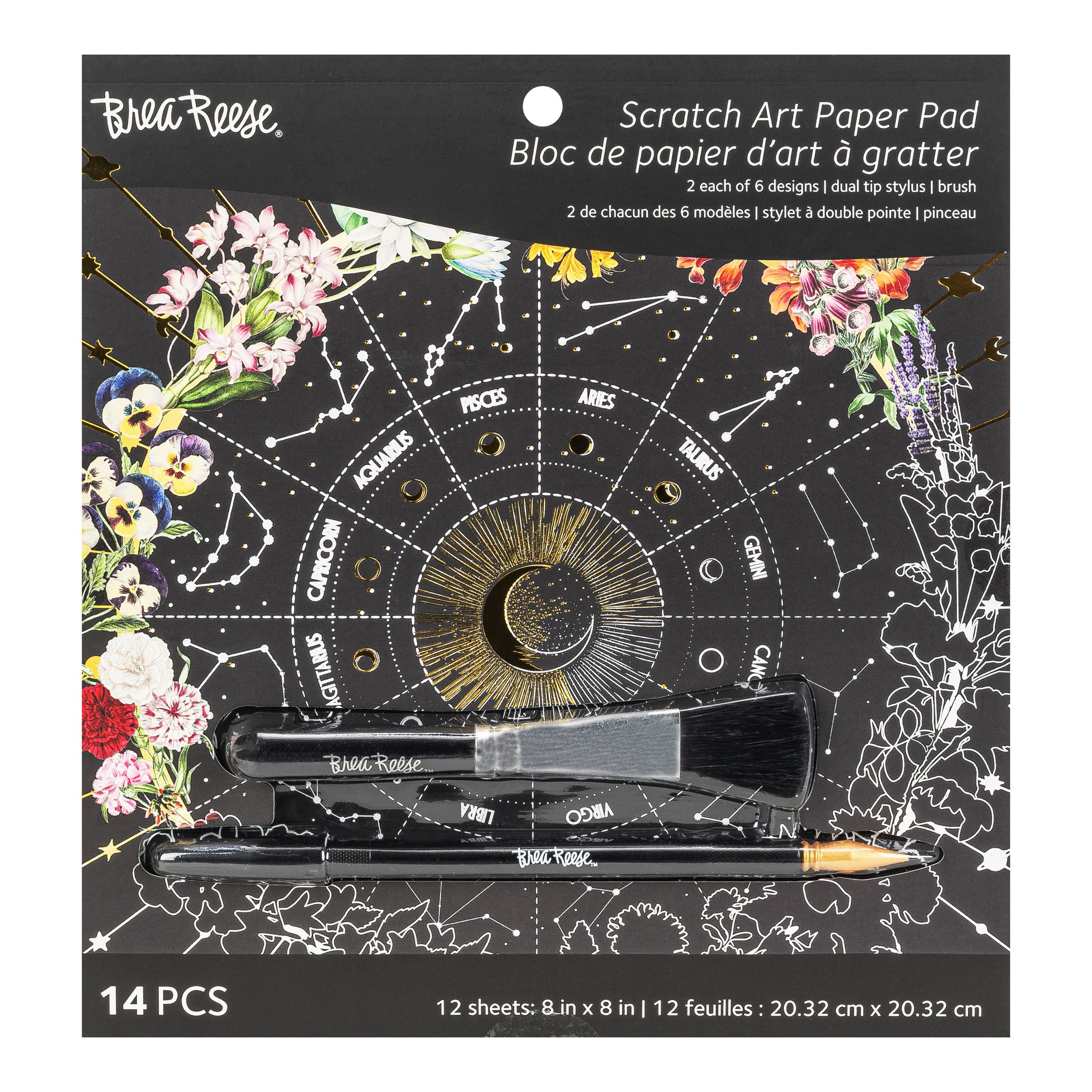 Pack of 14 black and white celestial scratch art paper sheets and two scratch tools featuring moon and star designs, made by Bree Reese, with colorful floral and constellation illustrations on black background.