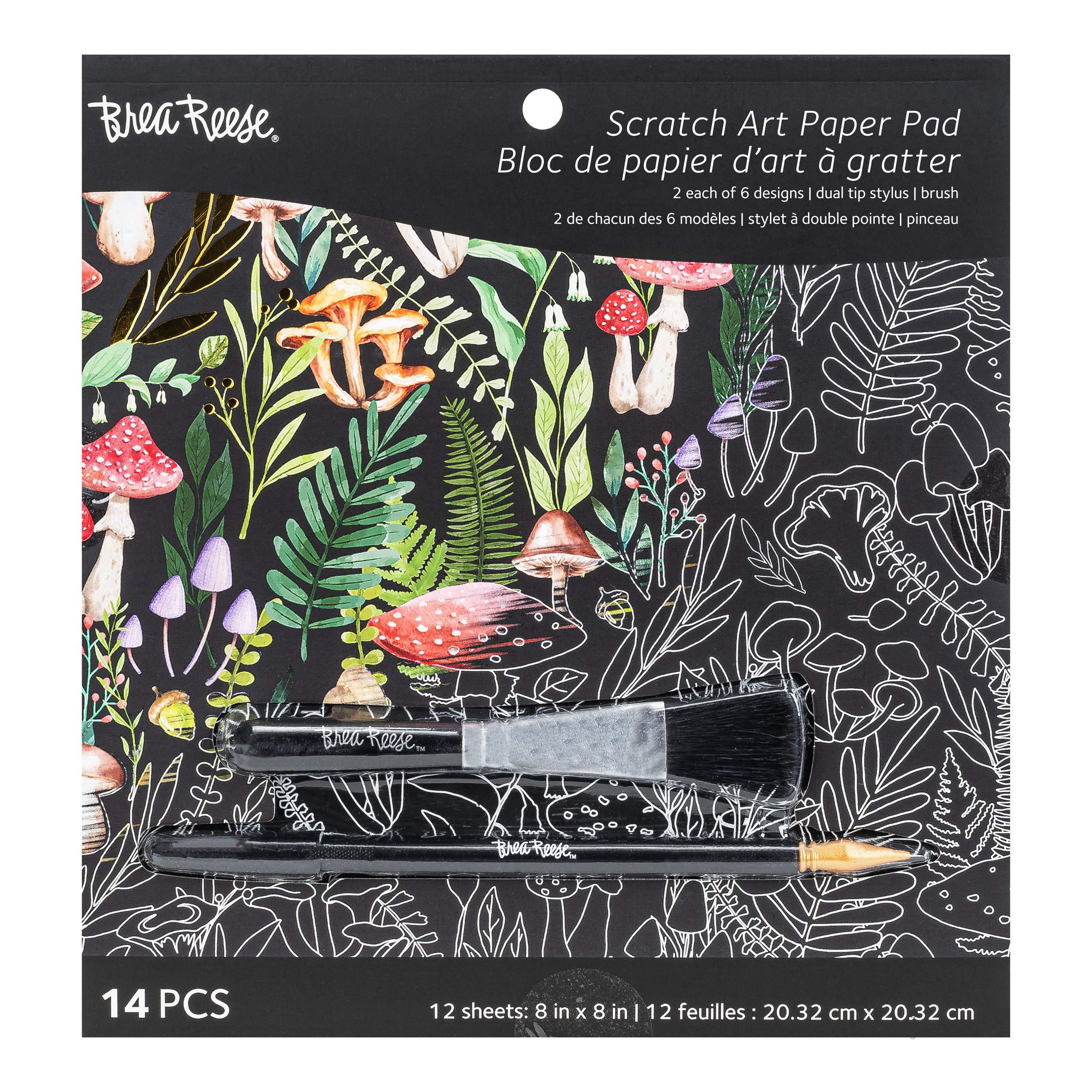 A set of scratch art paper pads with six different designs, accompanied by black stylus and gold scratching pen, featuring mushroom and plant illustrations.