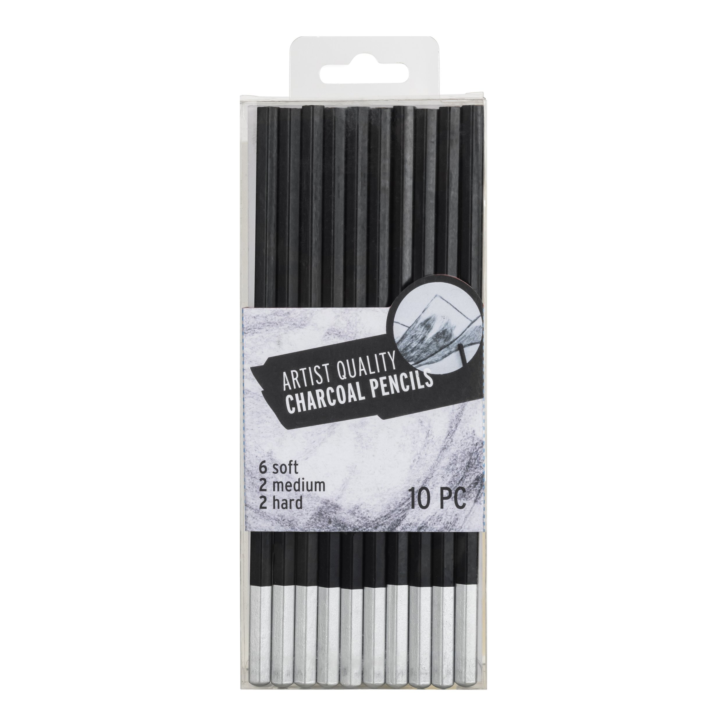Pack of 10 artist quality charcoal pencils in soft, medium, and hard grades.