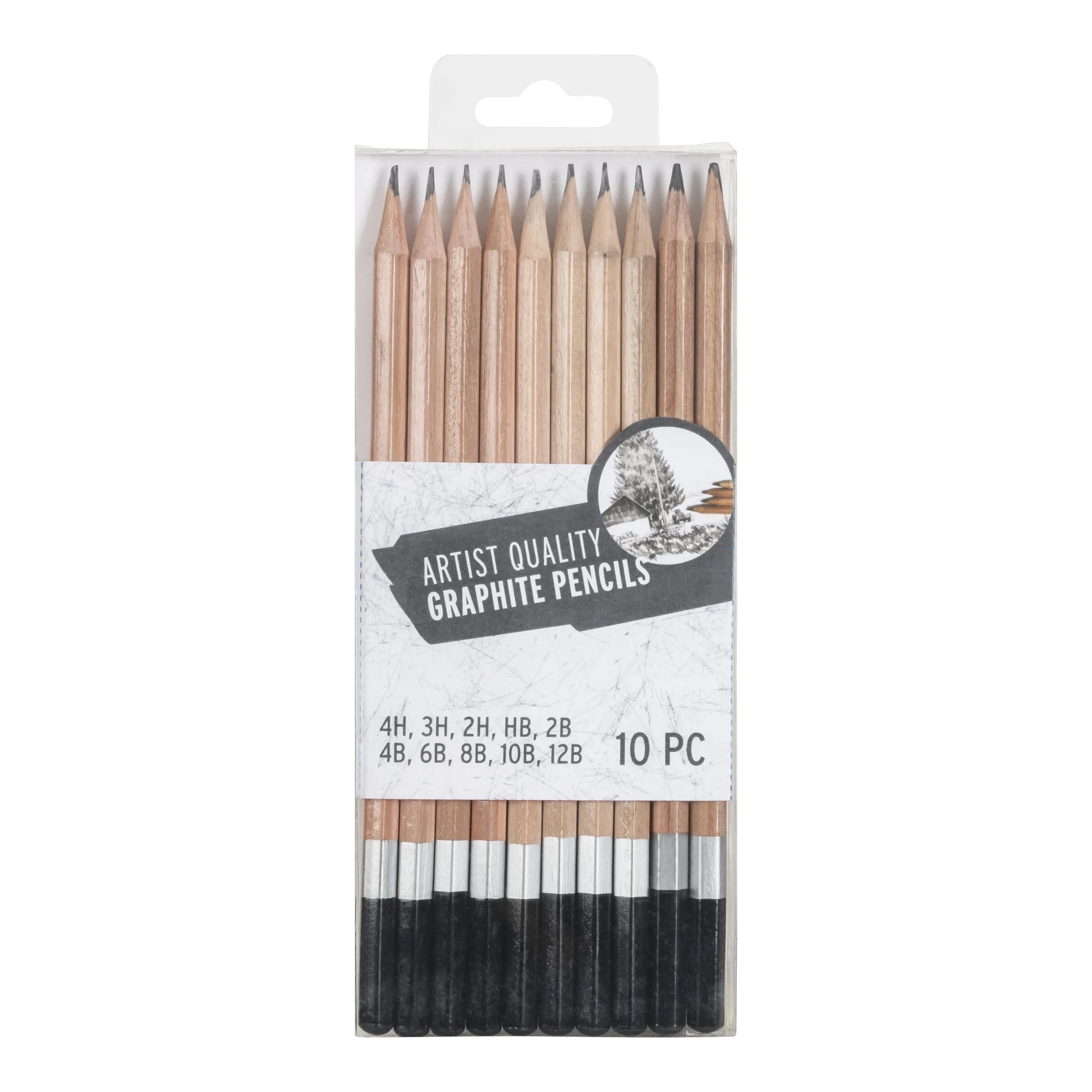 Pack of ten artist quality graphite pencils in various hardnesses, arranged in a transparent plastic case with a label.