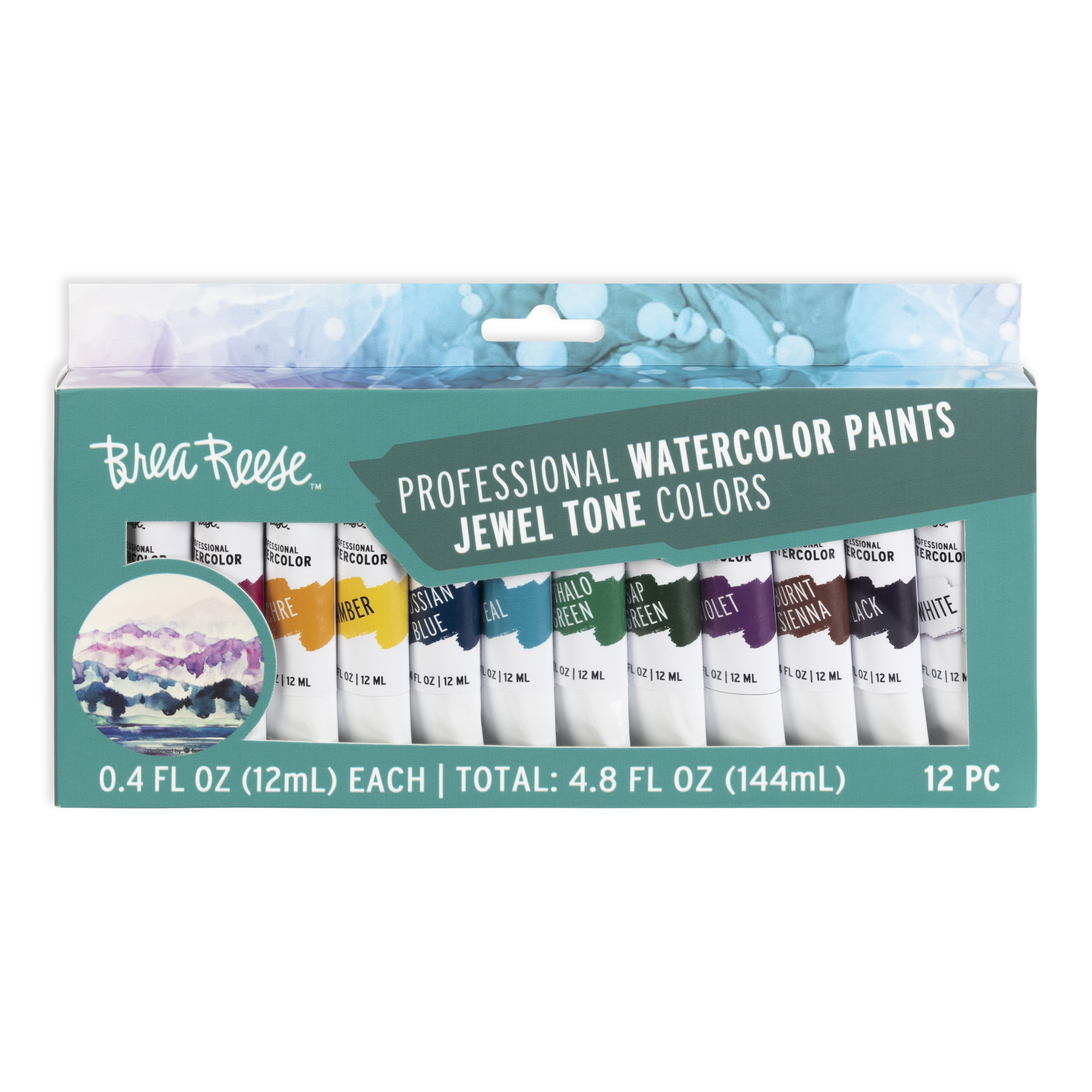 Set of 12 watercolor jewel tone paint tubes in shades of purple, blue, green, yellow, brown, black, and white, arranged inside a teal box.