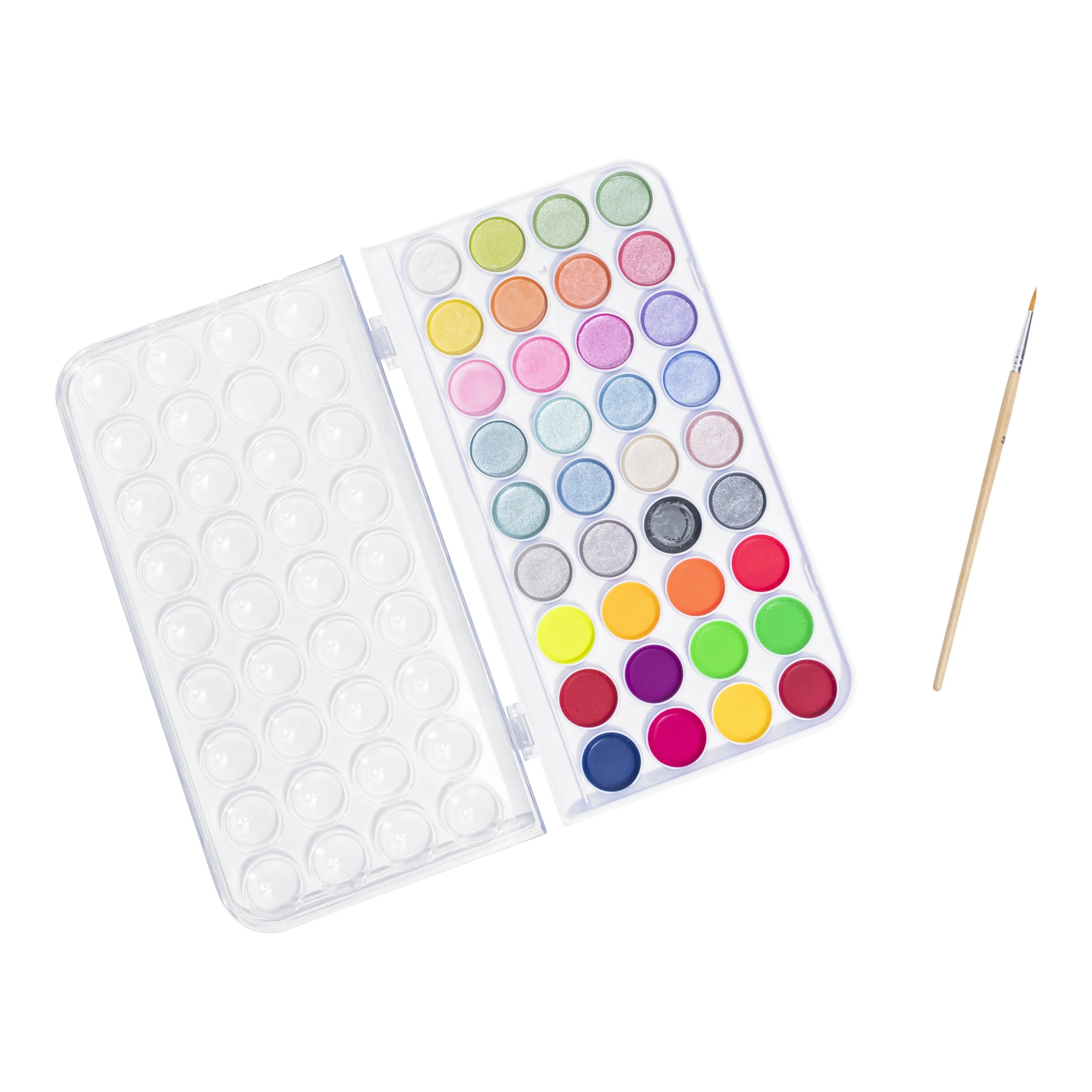 A watercolor paint set with various colors in a clear plastic case and a paintbrush with an orange tip.