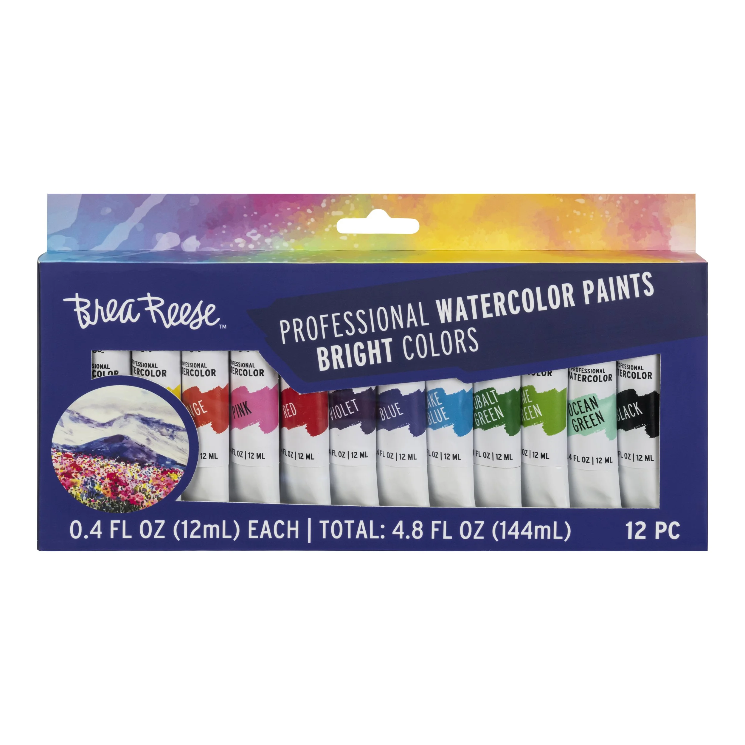 Set of 12 watercolor paints in tubes with bright colors, packaging features colorful rainbow splash design, labeled as professional watercolor paints by Brea Reese.
