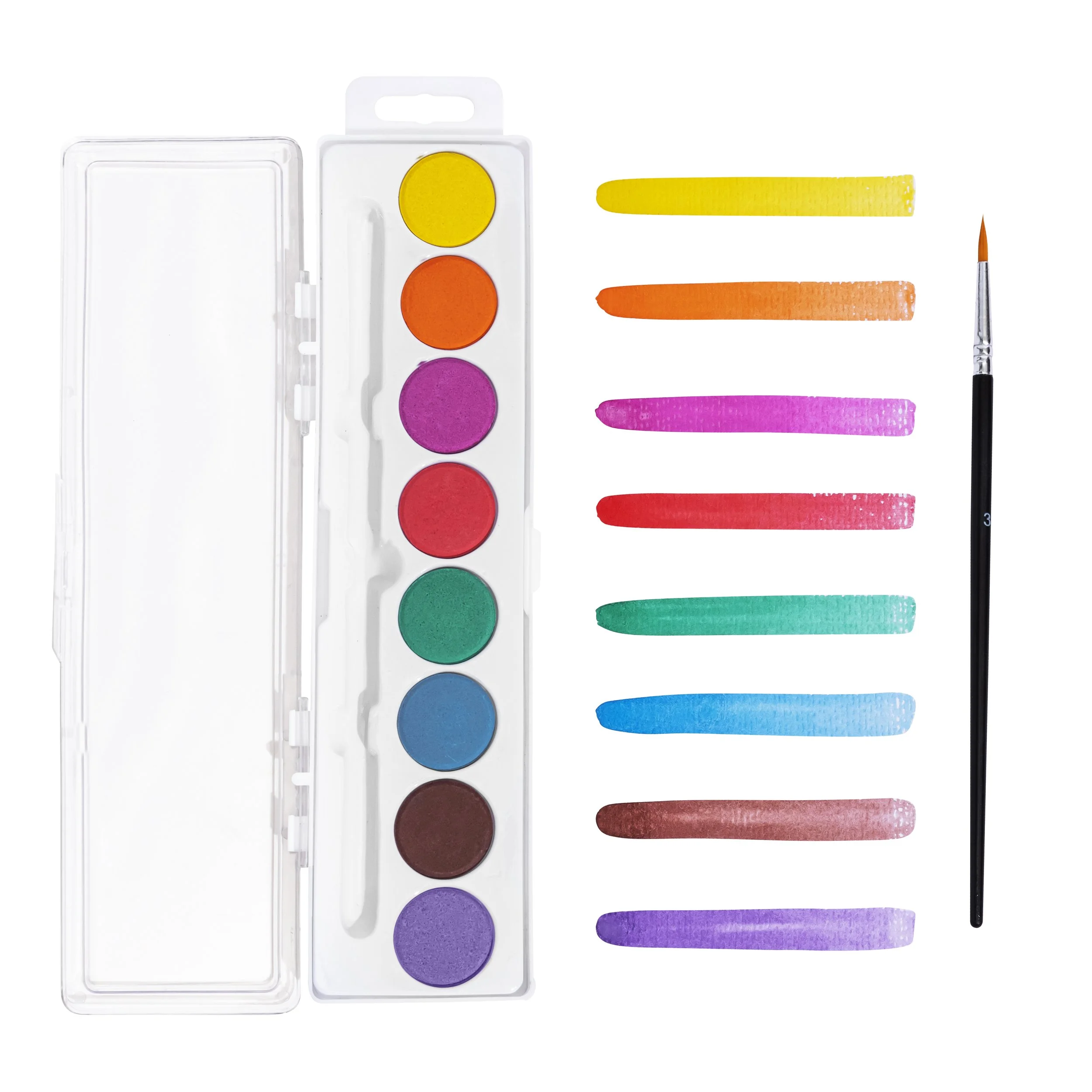 Watercolor paints in various colors with a paintbrush and colorful strokes on paper.