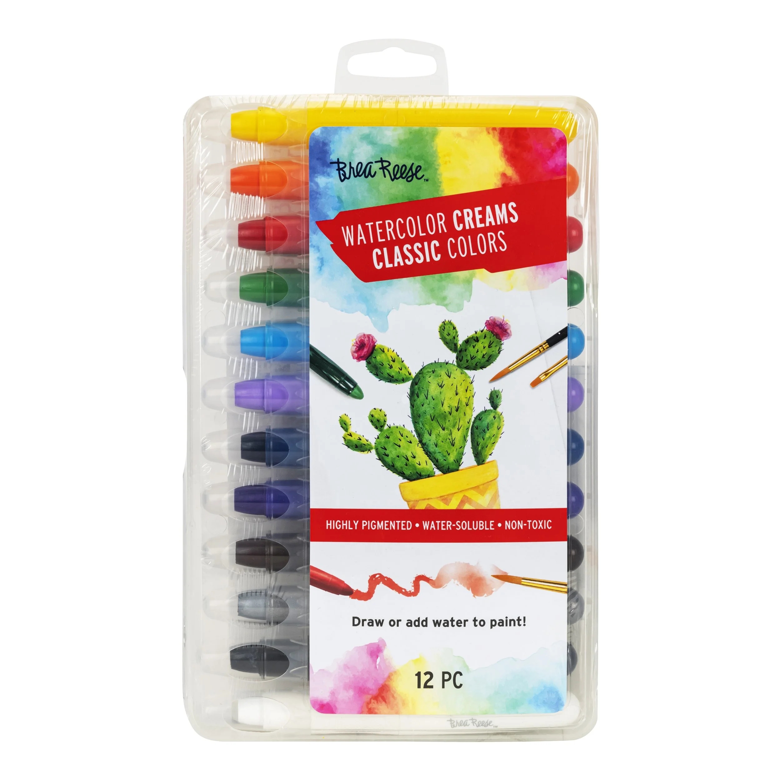 Set of watercolor paint pens in various colors in a plastic case with a colorful label featuring a cactus illustration and text.