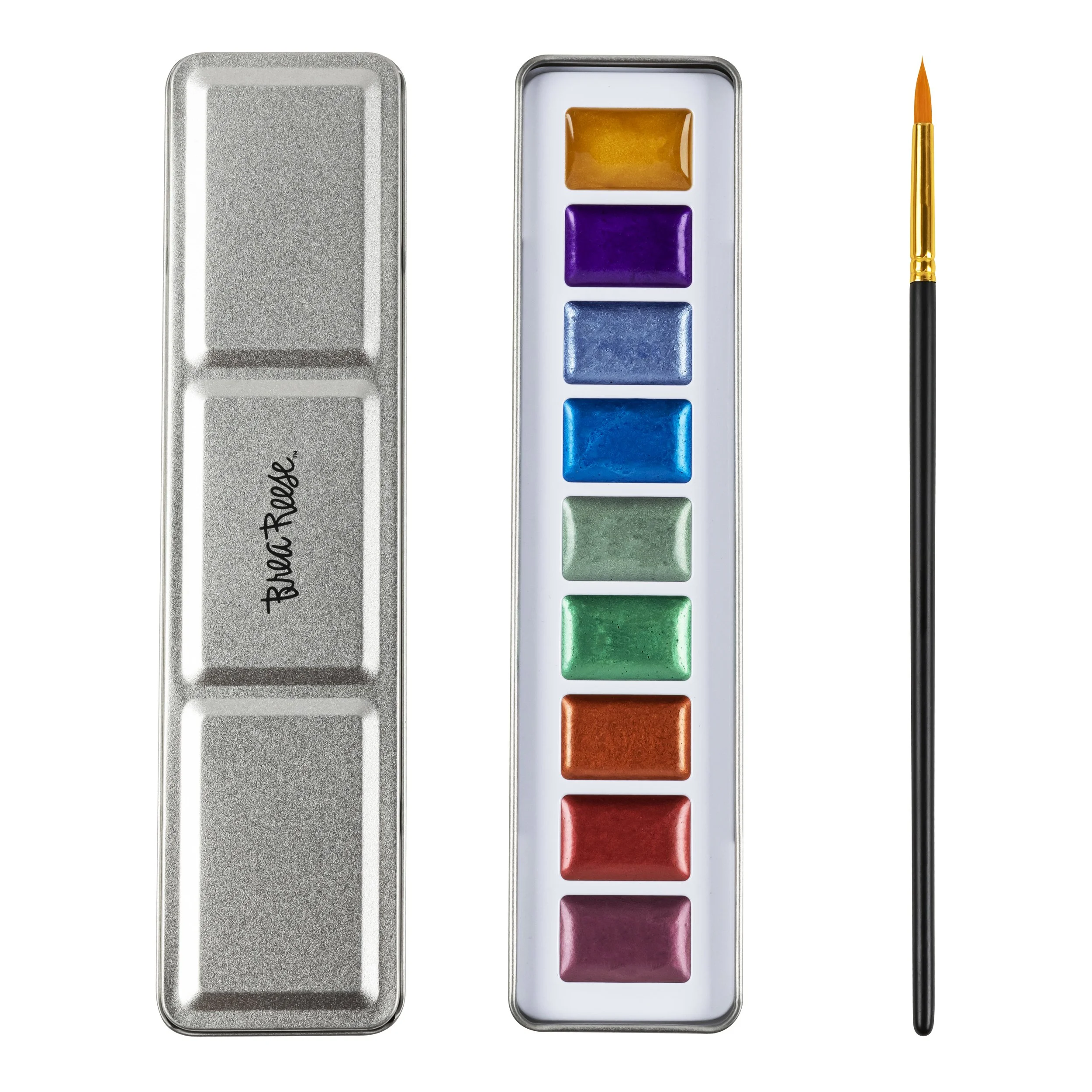 A watercolor paint set with a variety of colors, a paintbrush with a black handle and orange tip, all arranged on a white background.