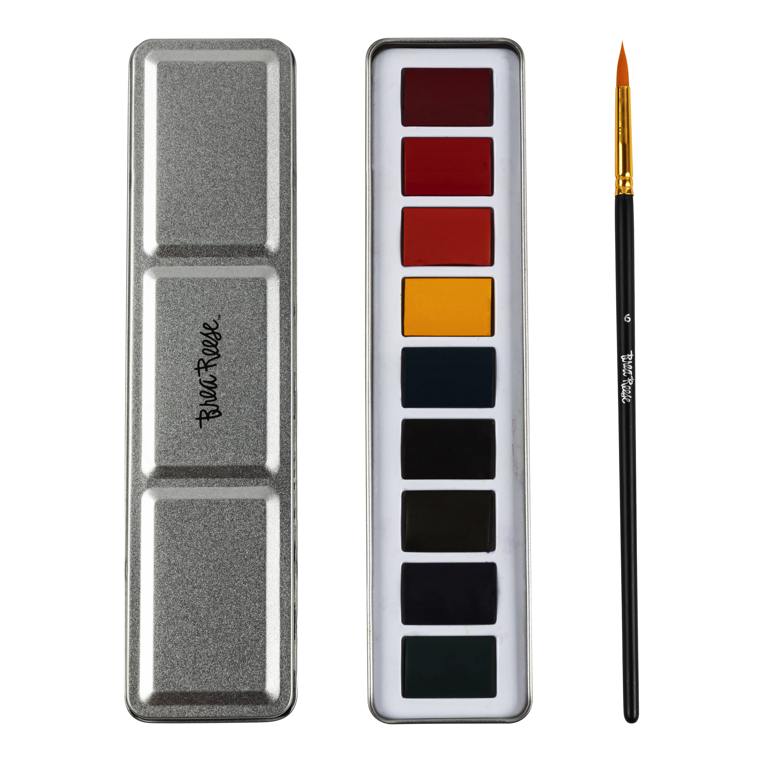 Watercolor paints in a metal tin with a paintbrush.