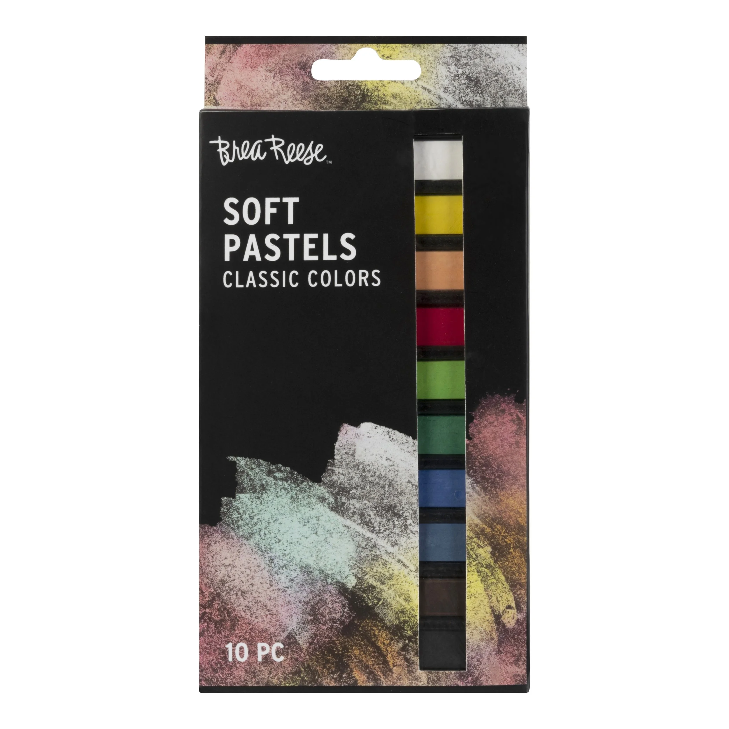Box of 10 soft pastel chalks in multiple colors with black packaging and colorful abstract design.