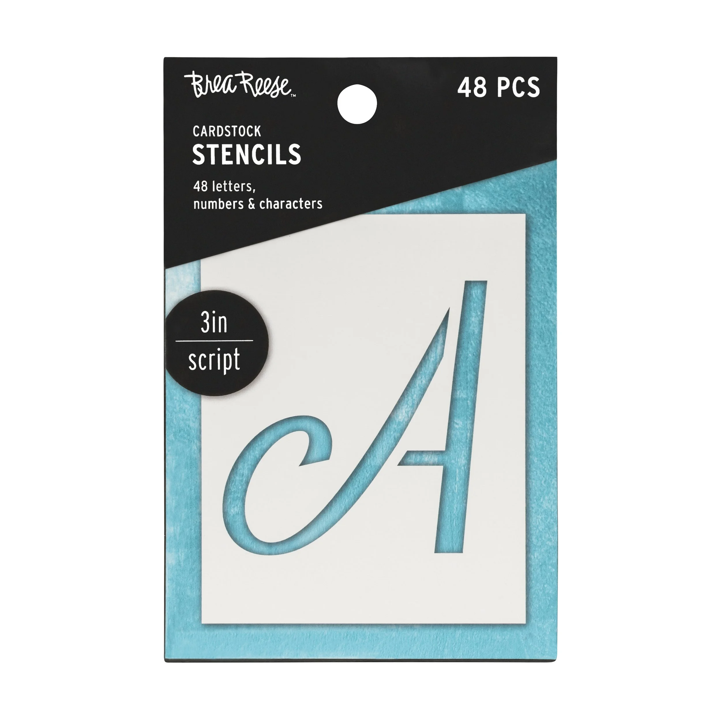 Package of Brea Reese cardstock stencil letters, numbers, and characters showing the letter A and C with a black and blue design.